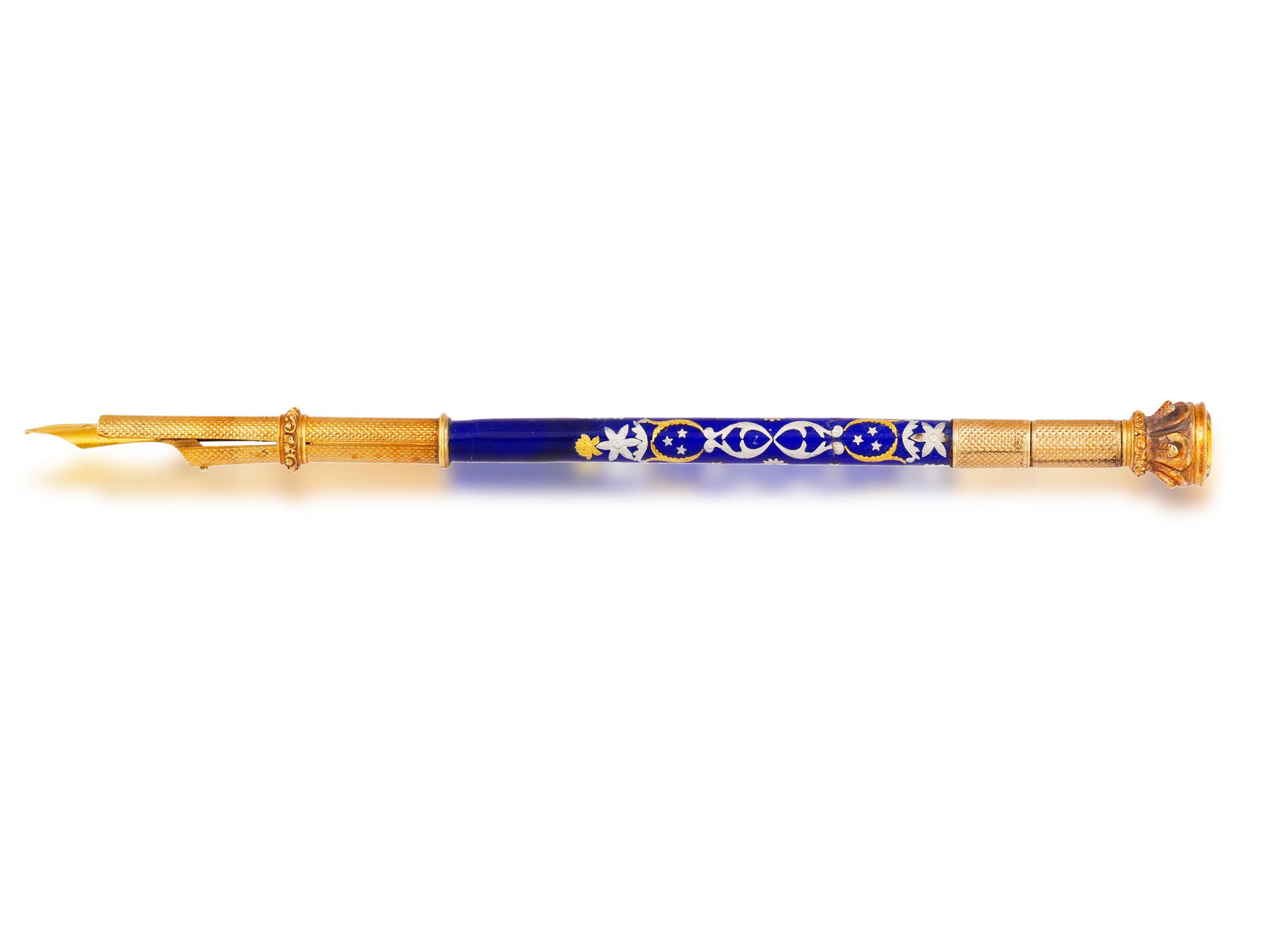 A 19TH CENTURY LACQUER AND CITRINE FOUNTAIN PEN * one circular-cut citrine * blue and golden lacquer (1 of 3)