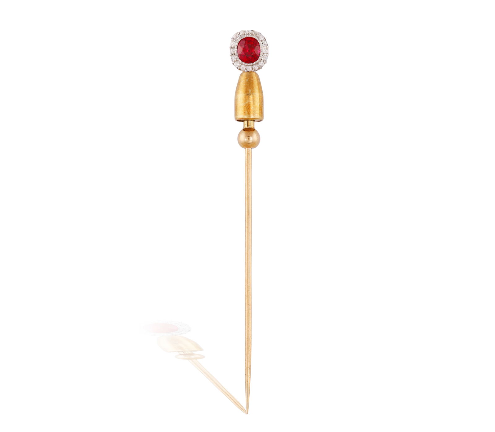 A RUBY AND DIAMOND TIE PIN * one cushion-shaped ruby * old single-cut diamonds * mounted in platinum (1 of 2)