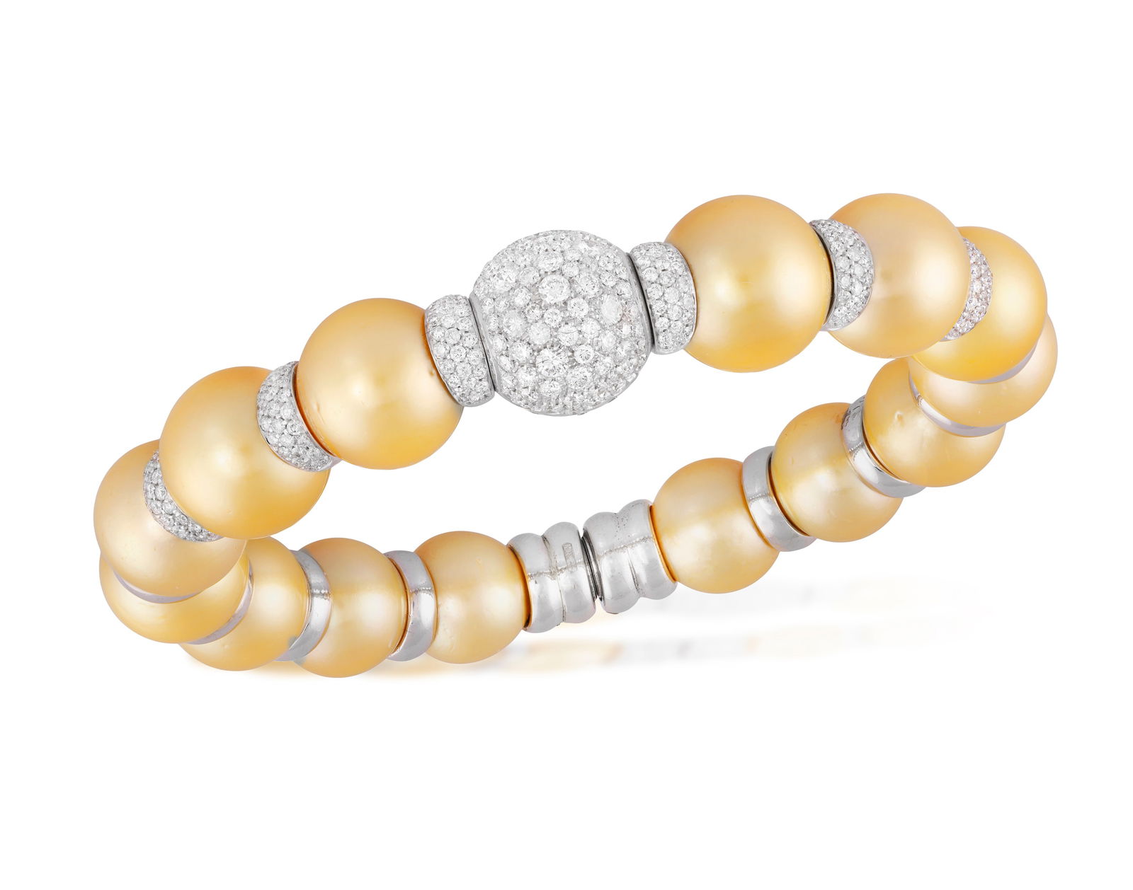 A CULTURED PEARL AND DIAMOND BRACELET* South Sea cultured pearls of golden tint, measuring approx.: A CULTURED PEARL AND DIAMOND BRACELET* South Sea cultured pearls of golden tint, measuring approx. 12.1 to 14.2mm * pavé-set brilliant-cut diamond bead and rondelles, approx. 3.20cts total * magn