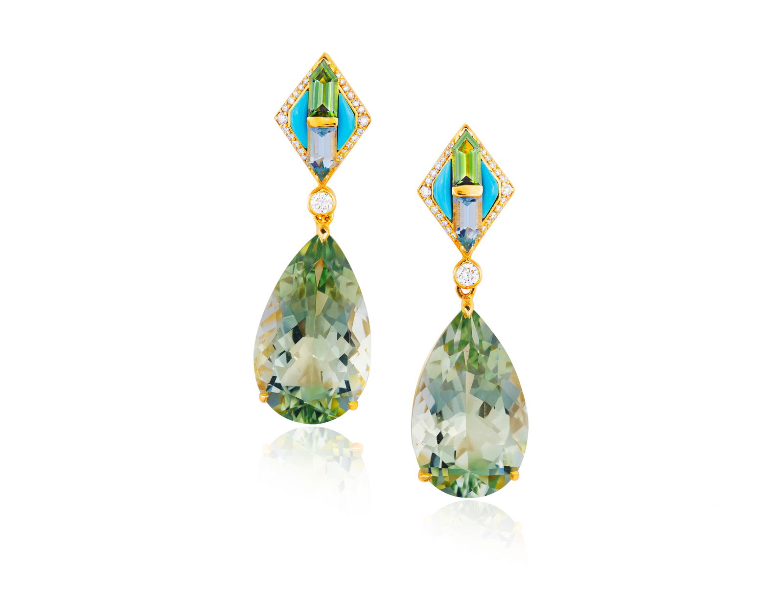 A PAIR OF GEM-SET AND DIAMOND PENDENT EARRINGS * two pear-shaped praseolite quartz, approx. 20.00cts (1 of 2)
