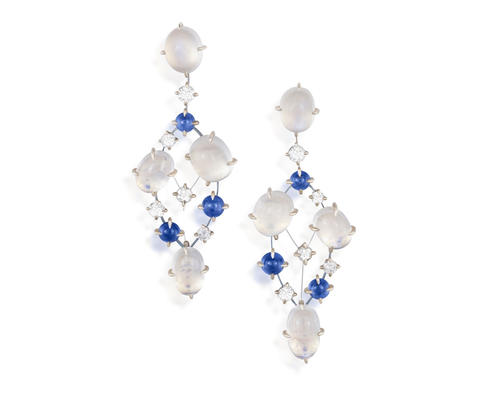 JOTHI SEROJ: A PAIR OF MOONSTONE, SAPPHIRE AND DIAMOND PENDENT EARRINGS * eight oval-shaped (1 of 3)