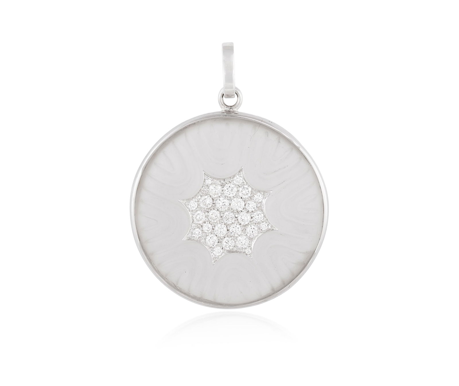 A ROCK CRYSTAL AND DIAMOND PENDANT * engraved circular frosted rock crystal disk * brilliant-cut: A ROCK CRYSTAL AND DIAMOND PENDANT * engraved circular frosted rock crystal disk * brilliant-cut diamonds, approx. 1.40cts total * mounted in 18K gold * Italian registry mark * length 4.1cm