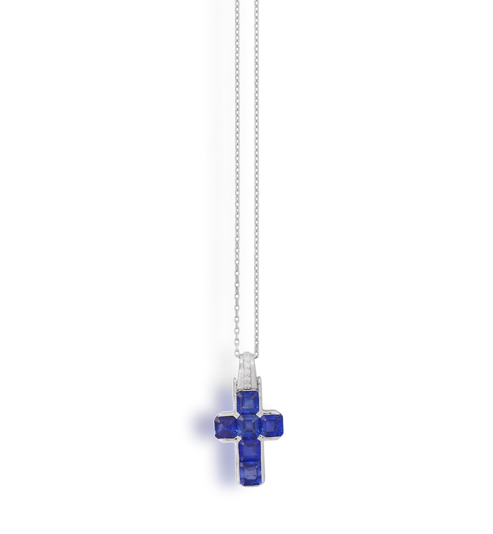 A SAPPHIRE AND DIAMOND CROSS PENDANT ON CHAIN * six square-shaped sapphires, approx. 2.50cts total * (1 of 2)