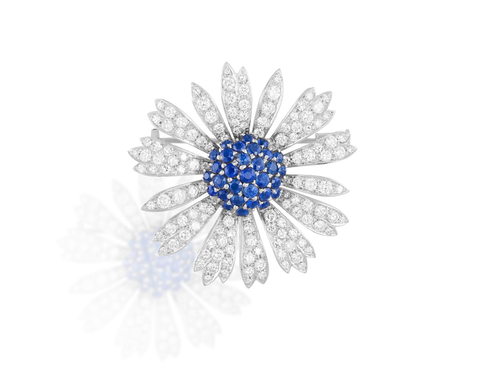 A SAPPHIRE AND DIAMOND FLOWERHEAD BROOCH * circular-cut sapphire pistils * brilliant and single-cut (1 of 2)