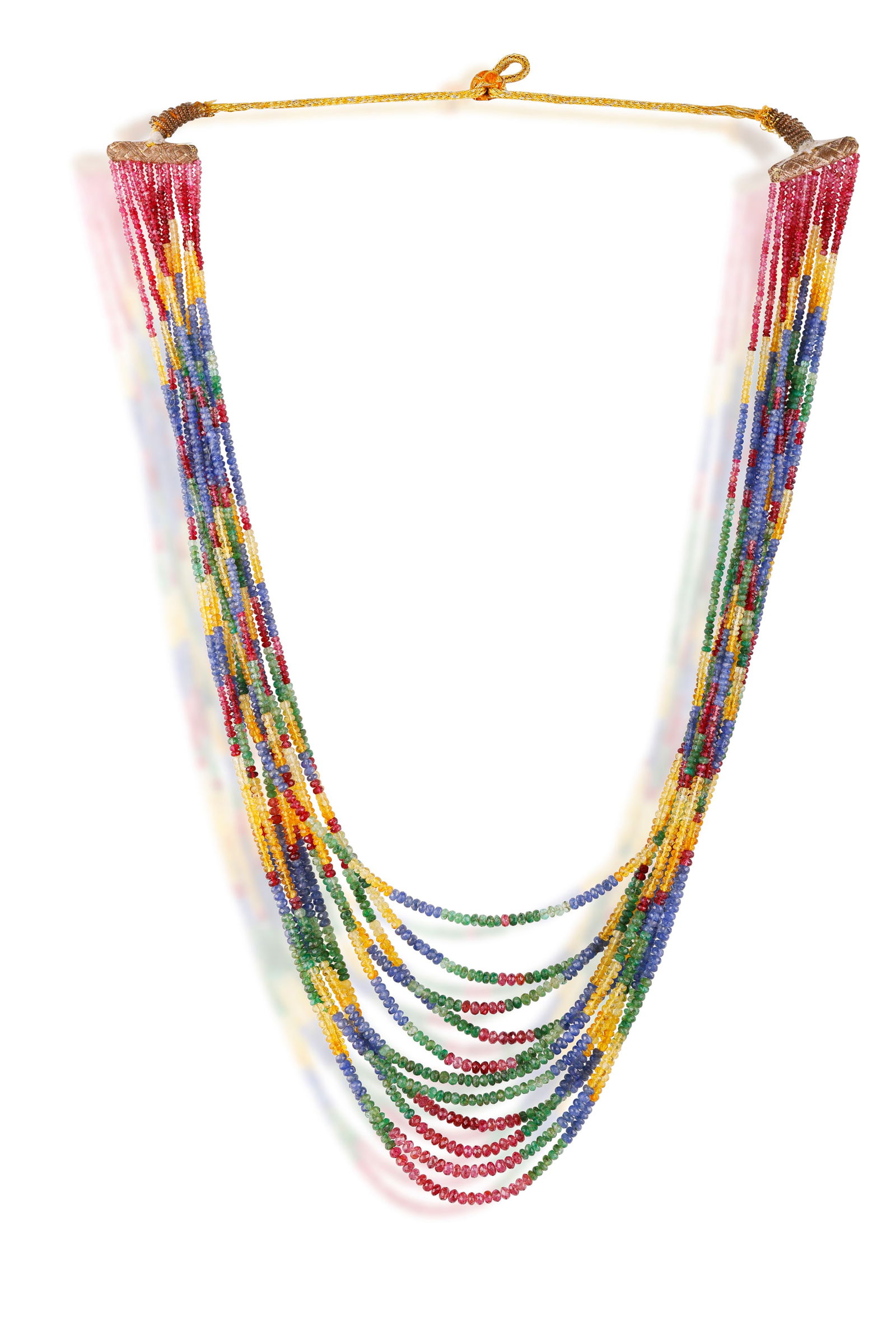 A GEM-SET LONG BEAD NECKLACE * eleven graduated strands of multi-coloured sapphires and emerald (1 of 2)