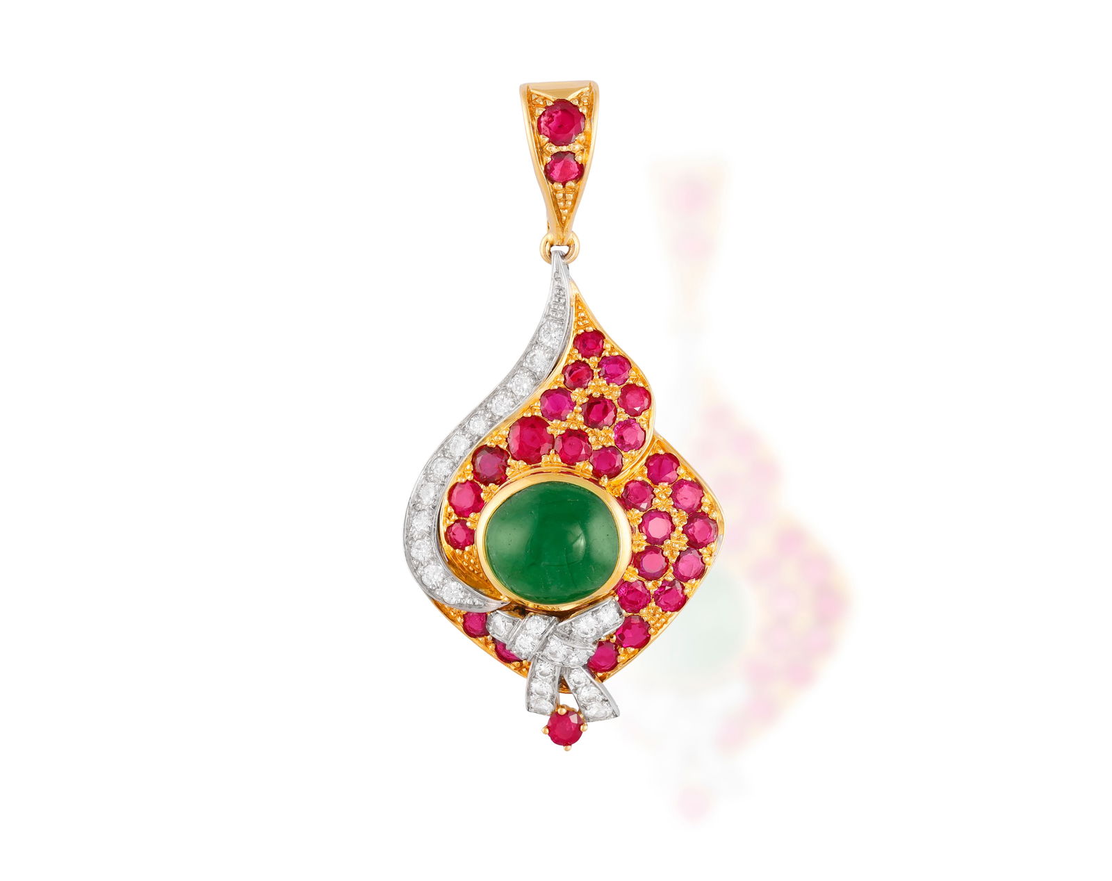 AN EMERALD, RUBY AND DIAMOND PENDANT * one oval-shaped emerald cabochon, approx. 5.00cts * (1 of 2)