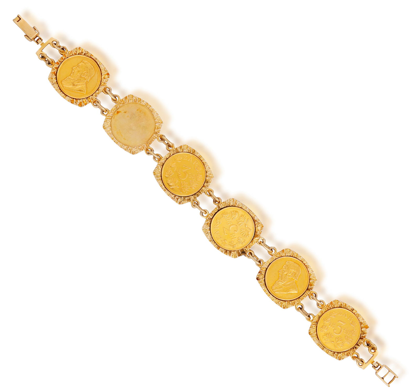 A GOLD COIN BRACELET * five ‘3 Pence’ South African gold coins * mounted in 9K gold * (1 of 3)