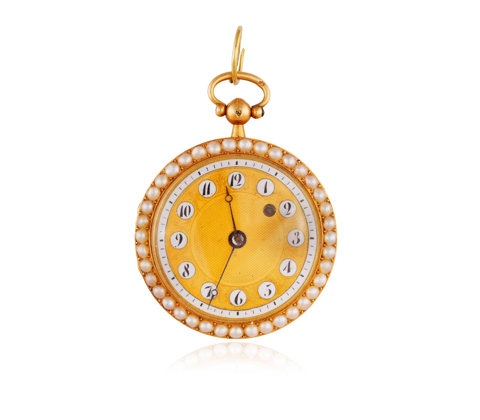 A LATE 19TH CENTURY POCKET WATCH * key wind movement * bezel framed with seed pearls, glass opening: A LATE 19TH CENTURY POCKET WATCH * key wind movement * bezel framed with seed pearls, glass opening to reveal circular textured gold and enamel dial * Arabic numerals * key rewind on dial * Breguet bl