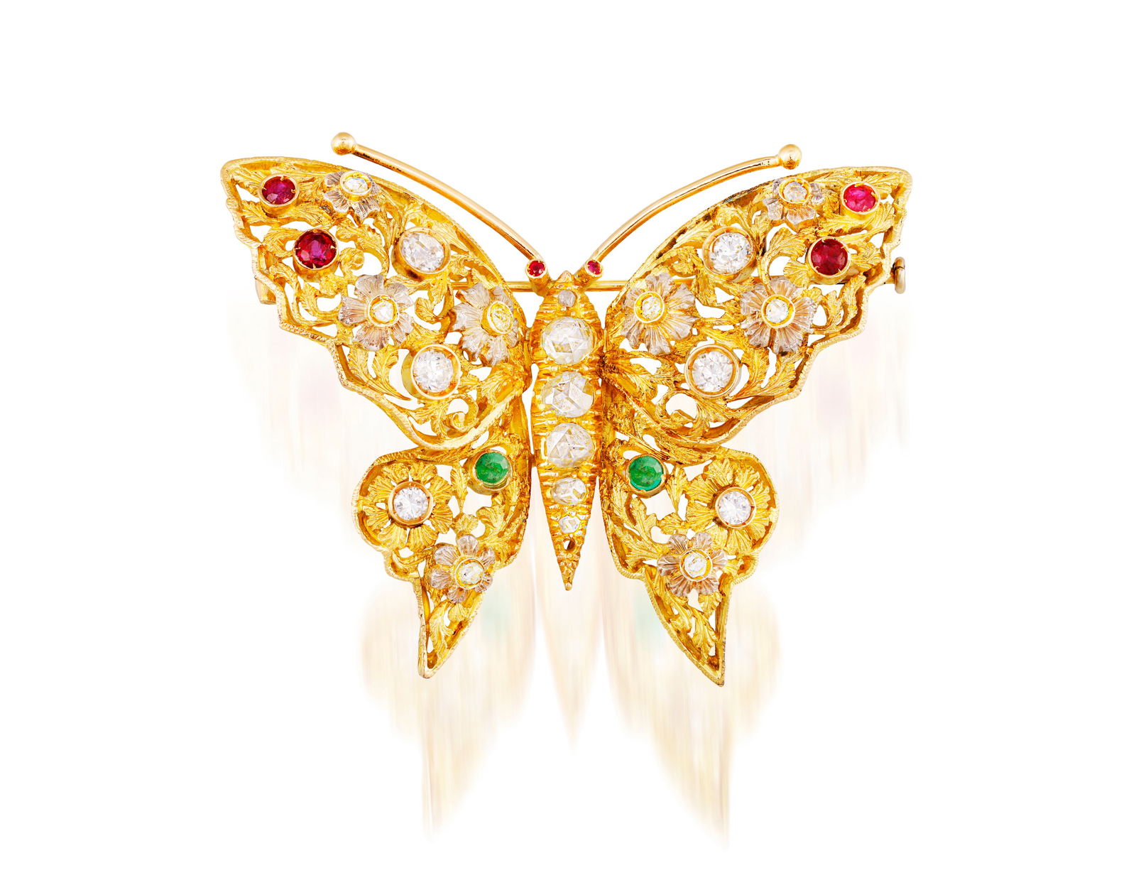 A GEM-SET AND DIAMOND BUTTERFLY BROOCH * brilliant and rose-cut diamonds * circular-cut rubies * (1 of 3)