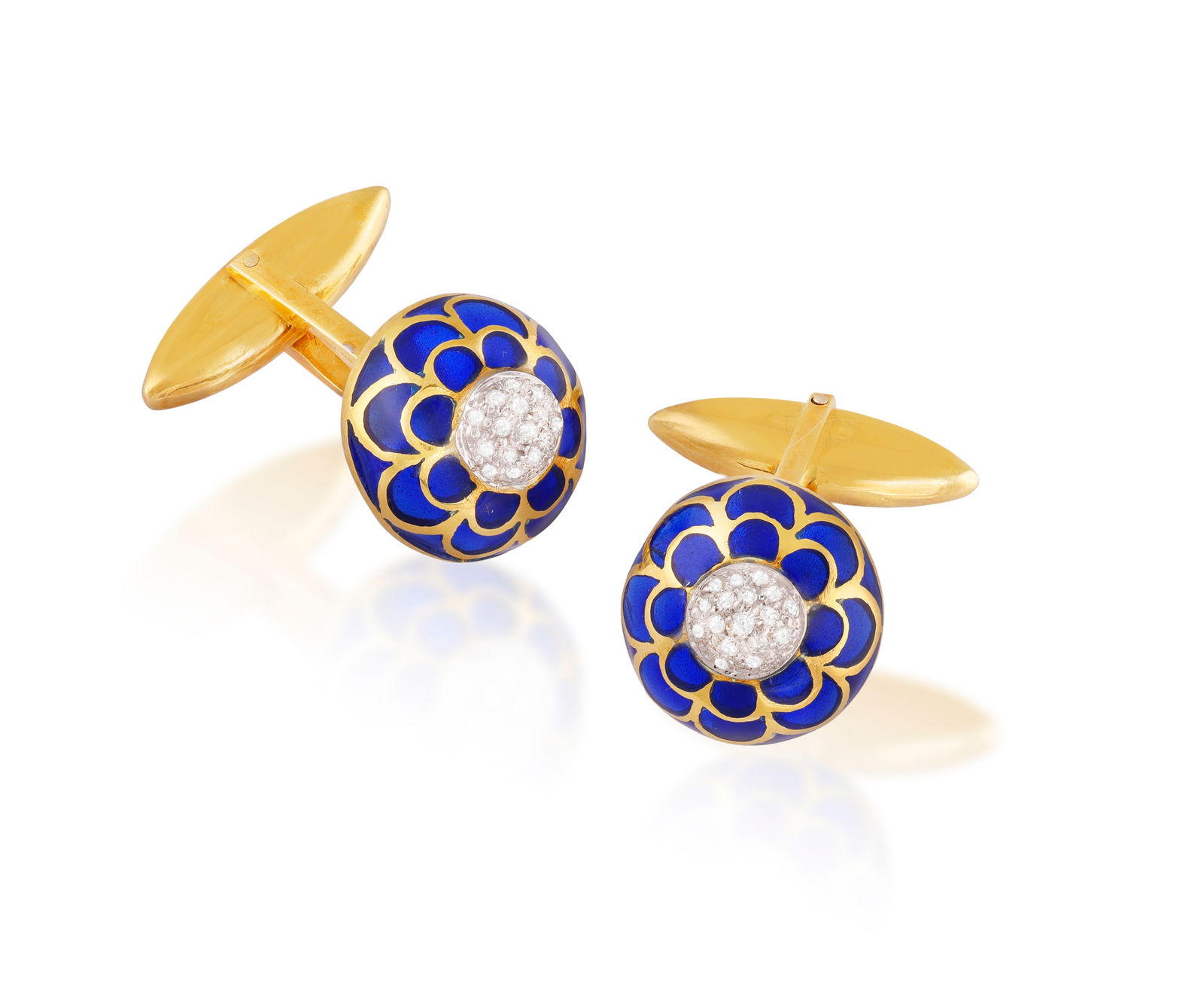 A PAIR OF ENAMEL AND DIAMOND CUFFLINKS * blue plique-à-jour enamel * brilliant-cut diamonds * (1 of 2)