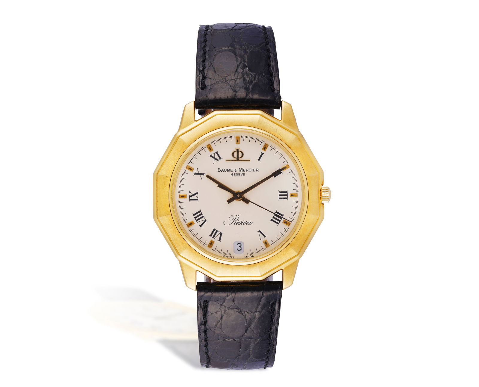 BAUME & MERCIER: AN 18K GOLD 'RIVIERA' WRISTWATCH * 6-jewel quartz movement * circular cream dial * (1 of 3)