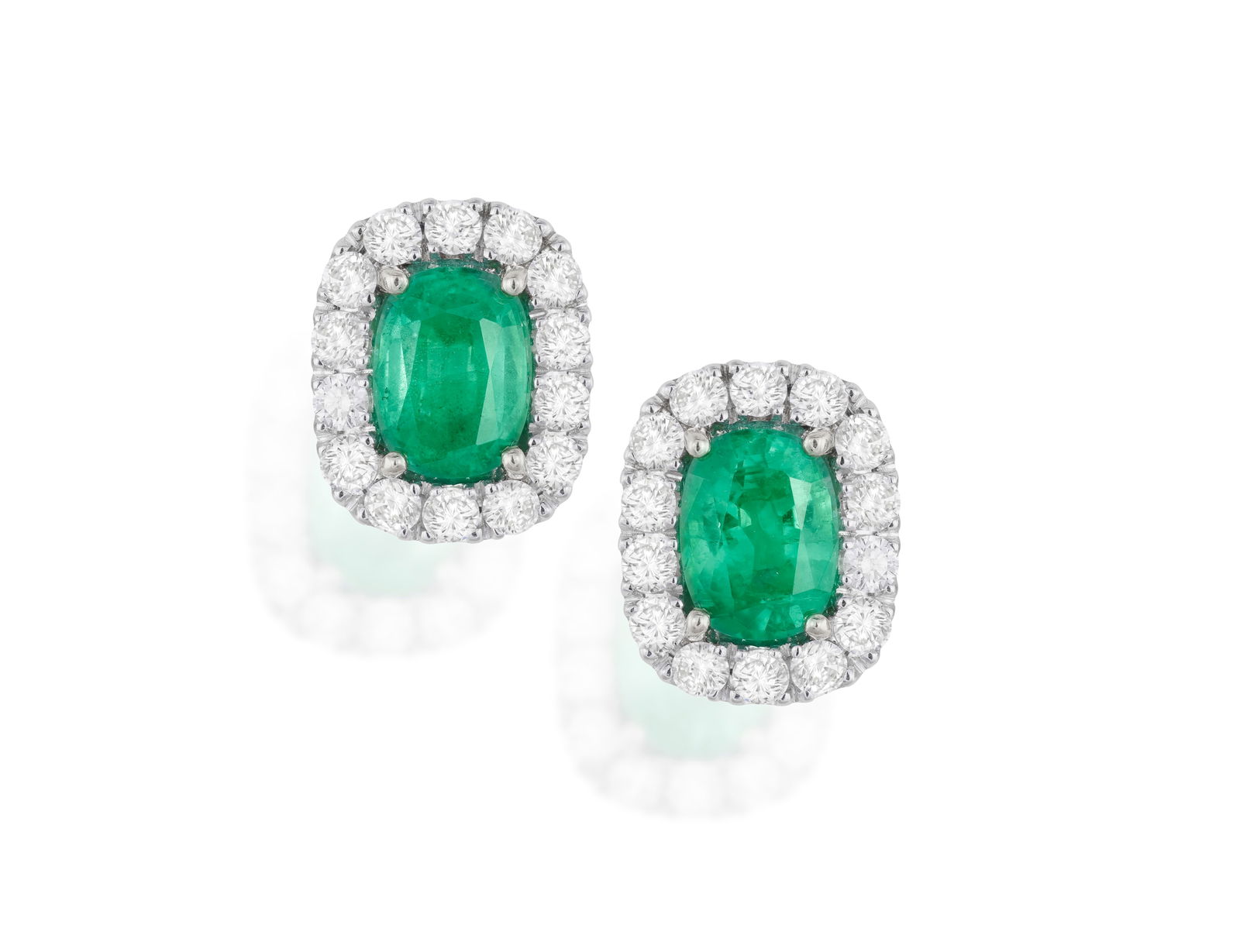 A PAIR OF EMERALD AND DIAMOND EARRINGS * two cushion-shaped emeralds, approx. 4.20cts total * (1 of 2)