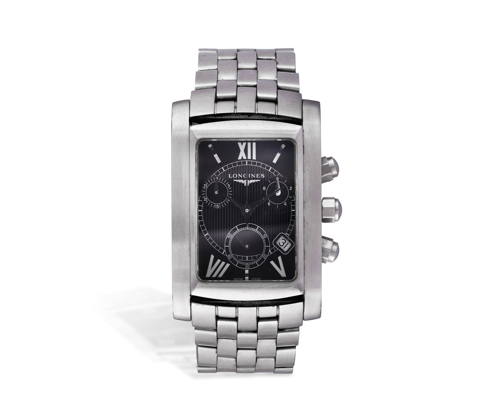 LONGINES: A STAINLESS STEEL 'DOLCE VITA' CHRONOGRAPH WRISTWATCH * quartz movement * rectangular (1 of 2)