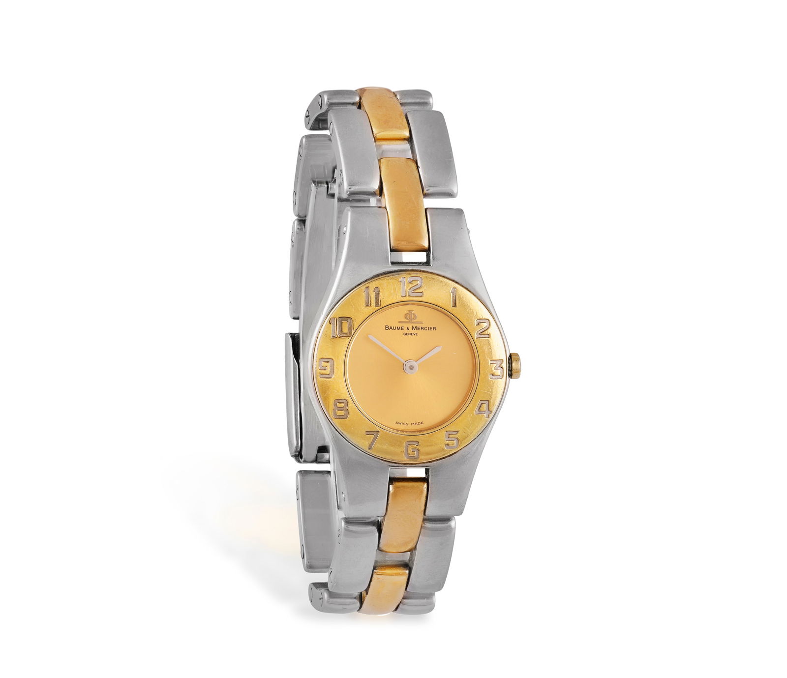 BAUME & MERCIER: A STAINLESS STEEL AND GOLD PLATED WRISTWATCH * quartz movement * circular sunburst: BAUME & MERCIER: A STAINLESS STEEL AND GOLD PLATED WRISTWATCH * quartz movement * circular sunburst champagne dial * Arabic numeral engraved on bezel * stainless steel hands * fitted stainless steel a