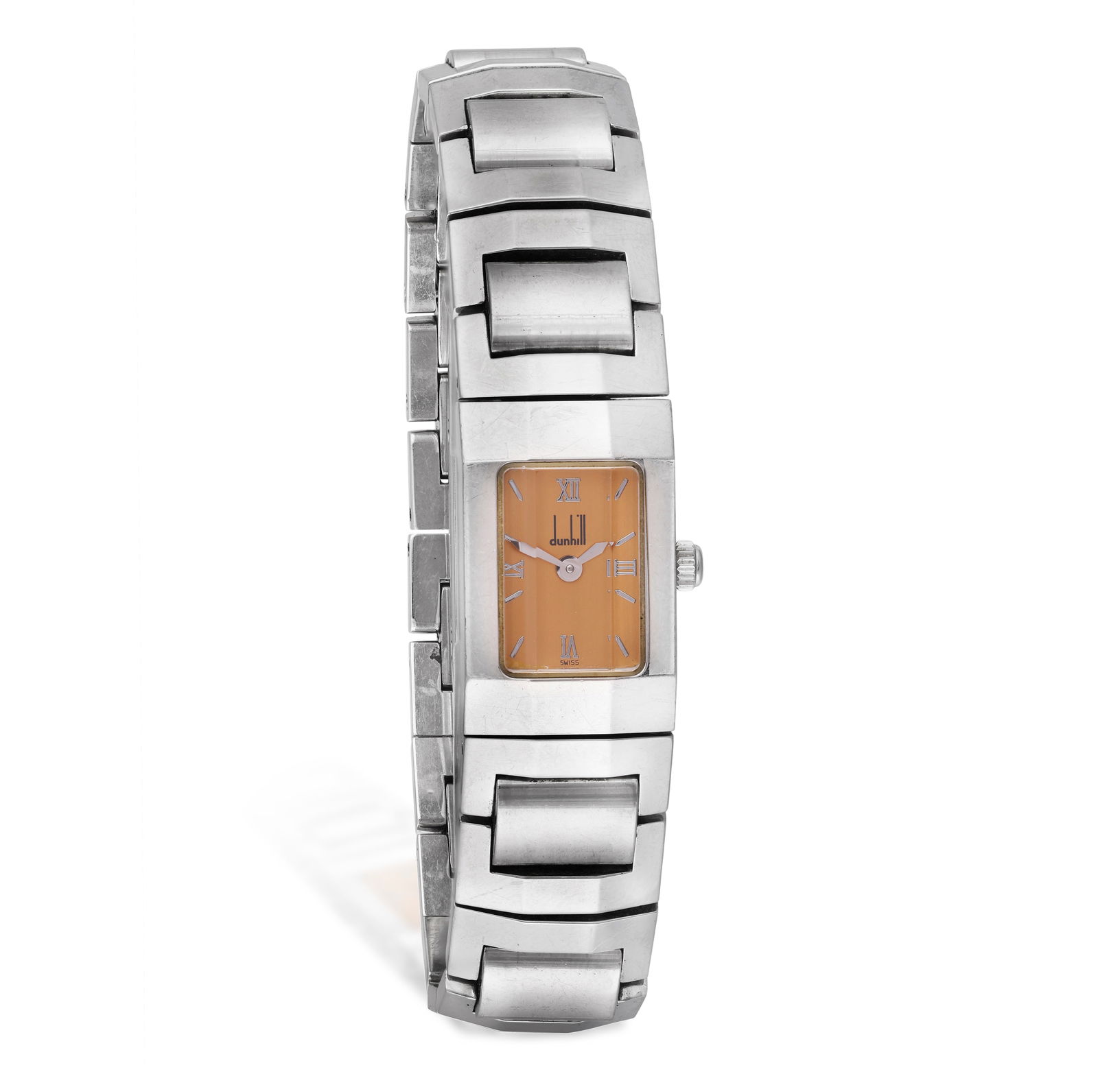 DUNHILL: A STAINLESS STEEL 'FACET' WATCH * quartz movement * rectangular salmon dial * Roman (1 of 2)
