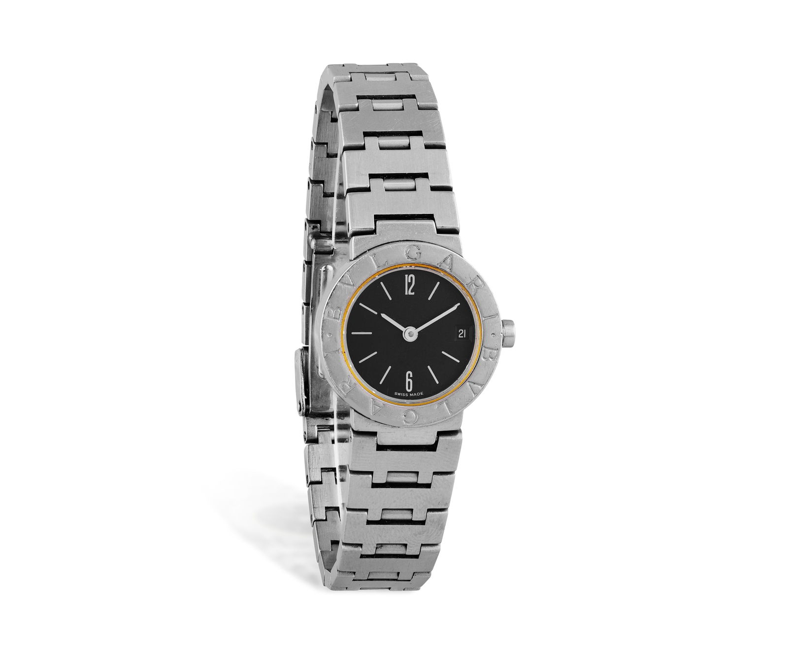 BULGARI: A STAINLESS STEEL 'BVLGARI BVLGARI' WRISTWATCH * quartz movement * circular black dial * (1 of 2)