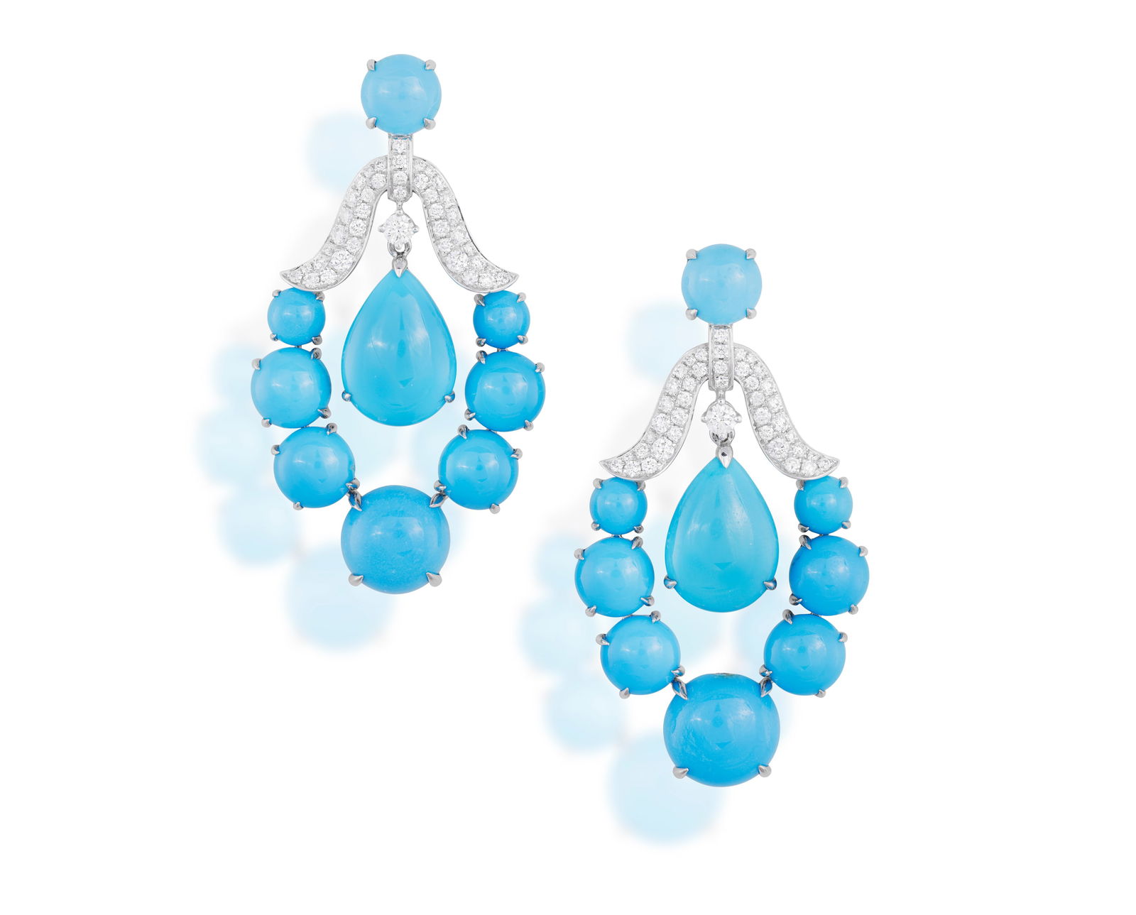 A PAIR OF TURQUOISE AND DIAMOND PENDENT EARRINGS * pear and circular-cut turquoise cabochons, (1 of 2)