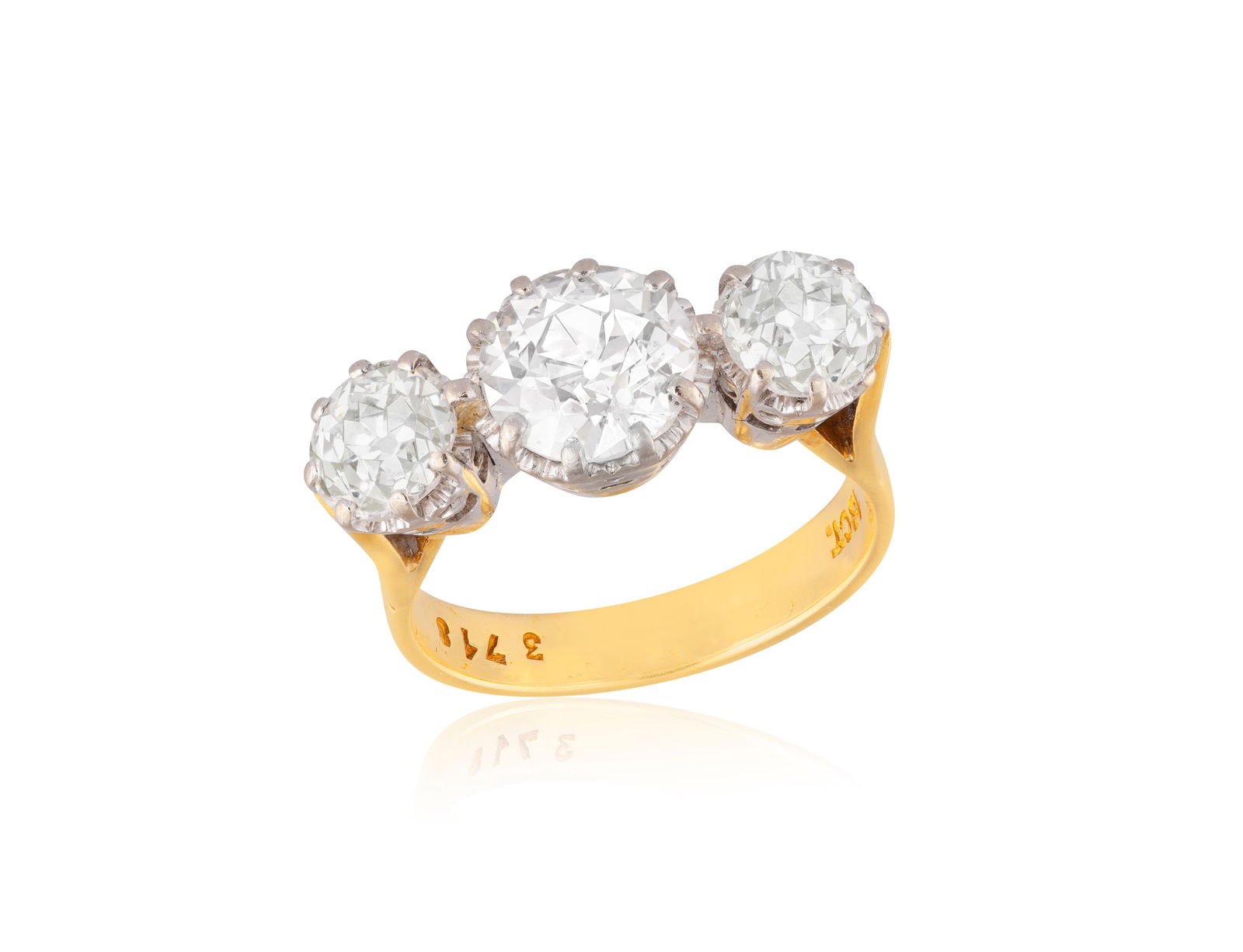 A DIAMOND THREE-STONE RING * three old brilliant-cut diamonds, central diamond approx. 1.80cts, side (1 of 3)