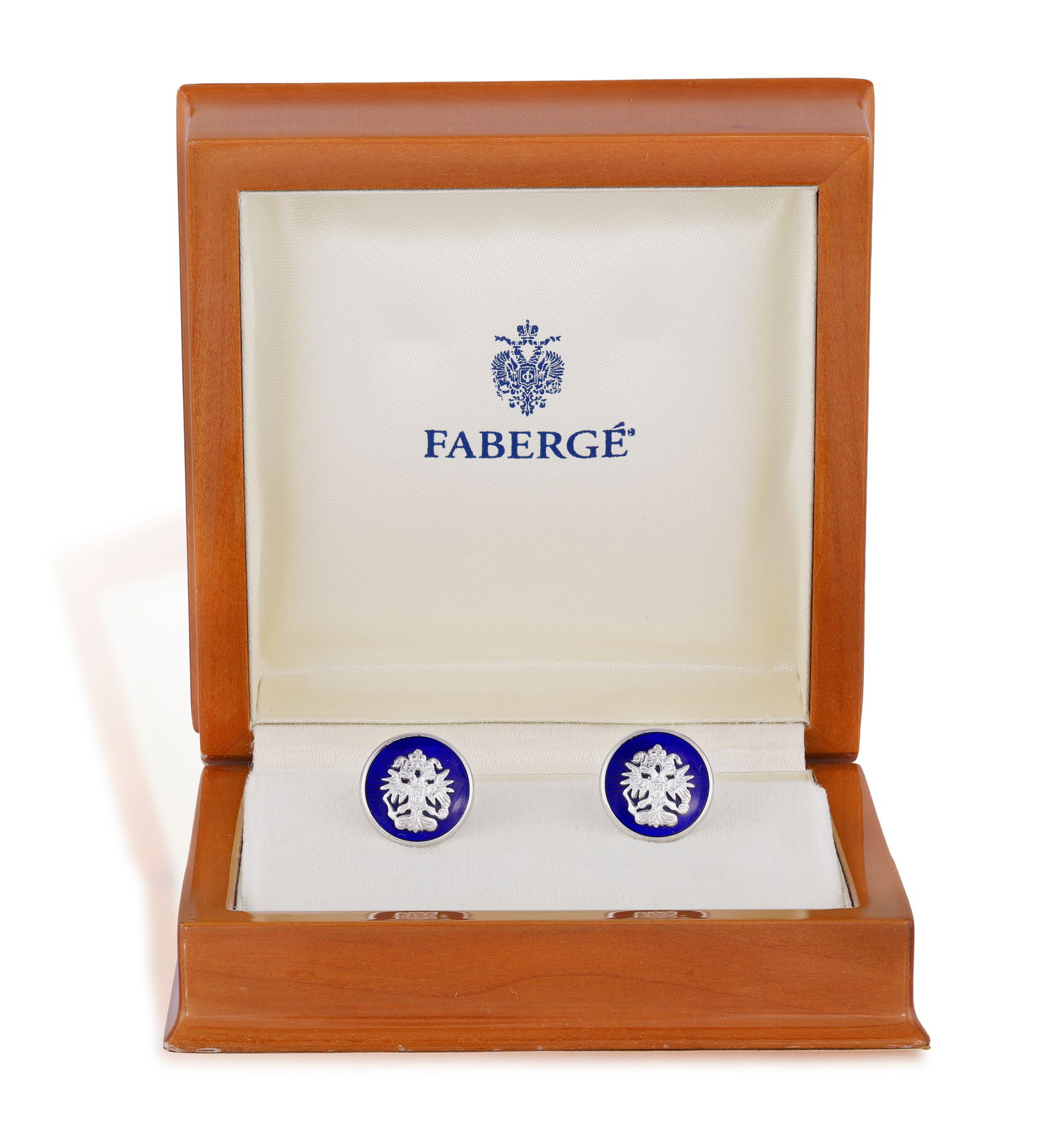 FABERGÉ: A PAIR OF ENAMEL CUFFLINKS * Fabergé double headed eagle crest * blue (1 of 5)