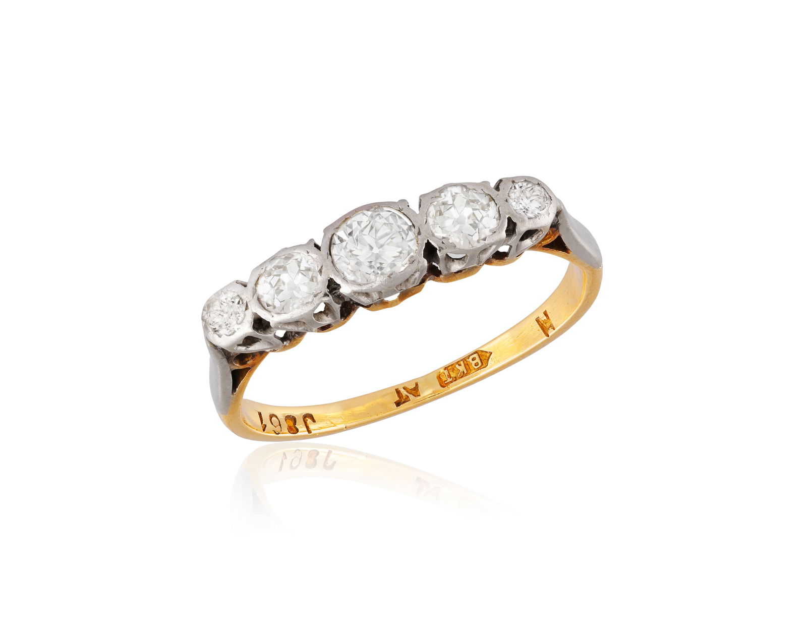A FIVE-STONE DIAMOND RING * five old-cut diamonds * mounted in 18K gold * with maker’s mark *: A FIVE-STONE DIAMOND RING * five old-cut diamonds * mounted in 18K gold * with maker’s mark * ring size K_