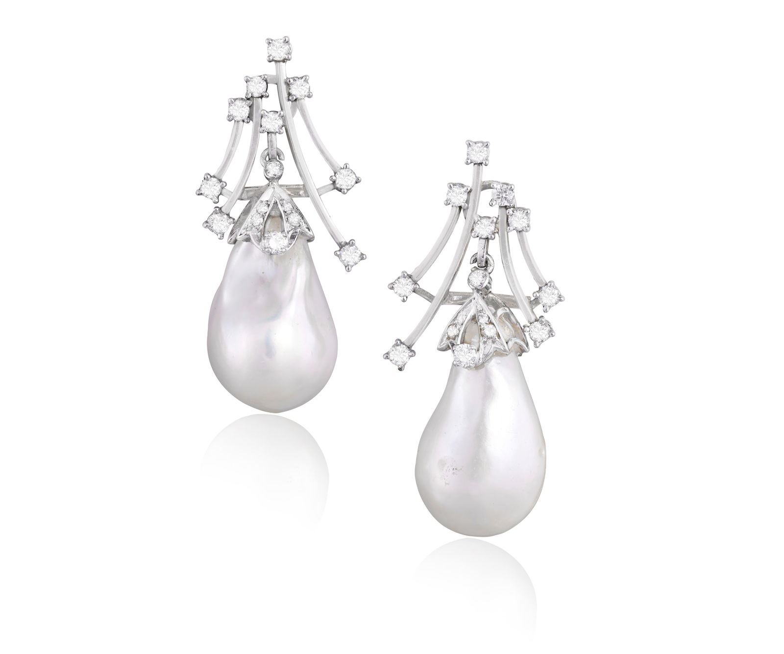A PAIR OF CULTURED PEARL AND DIAMOND PENDENT EARRINGS * baroque-shaped cultured pearls, measuring: A PAIR OF CULTURED PEARL AND DIAMOND PENDENT EARRINGS * baroque-shaped cultured pearls, measuring approx. 12.9mm - 13.1mm * brilliant and single-cut diamond surmount * mounted in 18K gold * length 4cm