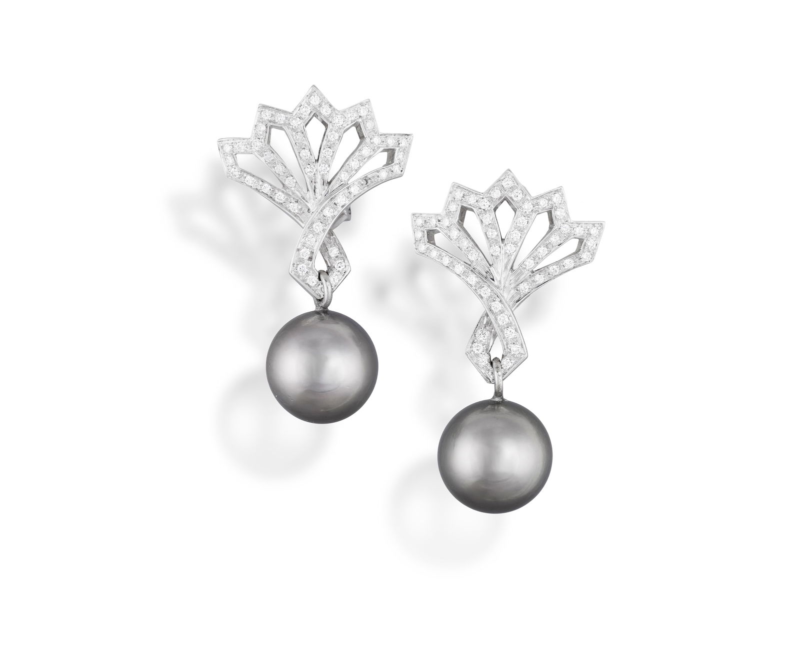 A PAIR OF CULTURED PEARL AND DIAMOND PENDENT EARCLIPS * two Tahitian cultured pearls of grey tint, (1 of 2)