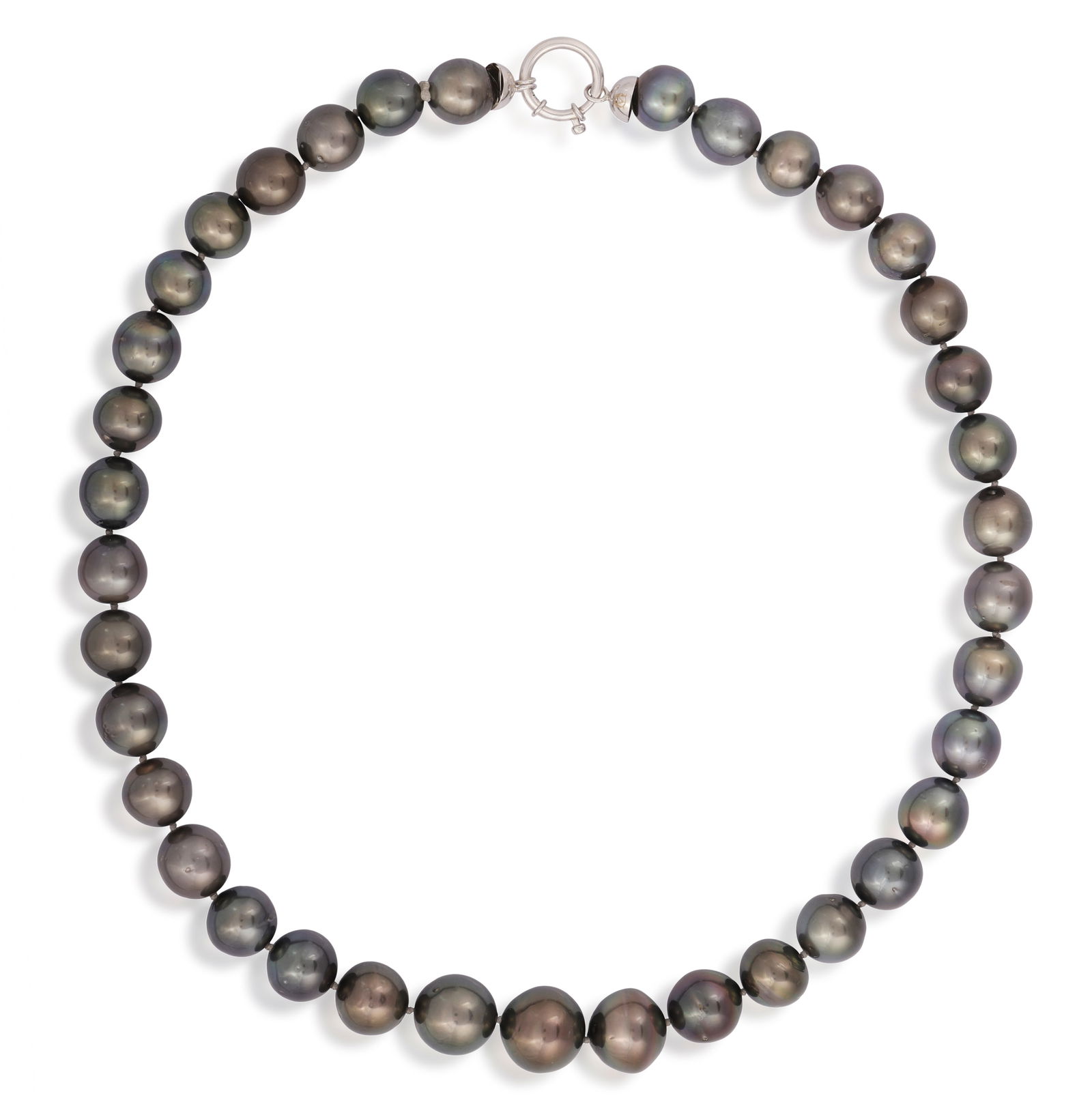 A CULTURED PEARL NECKLACE * Tahitian cultured pearls of grey tint, measuring approx. 11.00 to: A CULTURED PEARL NECKLACE * Tahitian cultured pearls of grey tint, measuring approx. 11.00 to 14.53mm * mounted in 18K gold * with maker’s mark * Italian registry mark * length 48cm