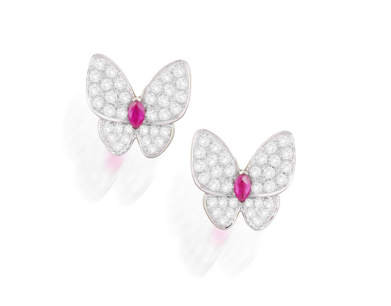 A PAIR OF RUBY AND DIAMOND BUTTERFLY EARRINGS * two marquise-shaped rubies * brilliant-cut diamonds, (1 of 2)