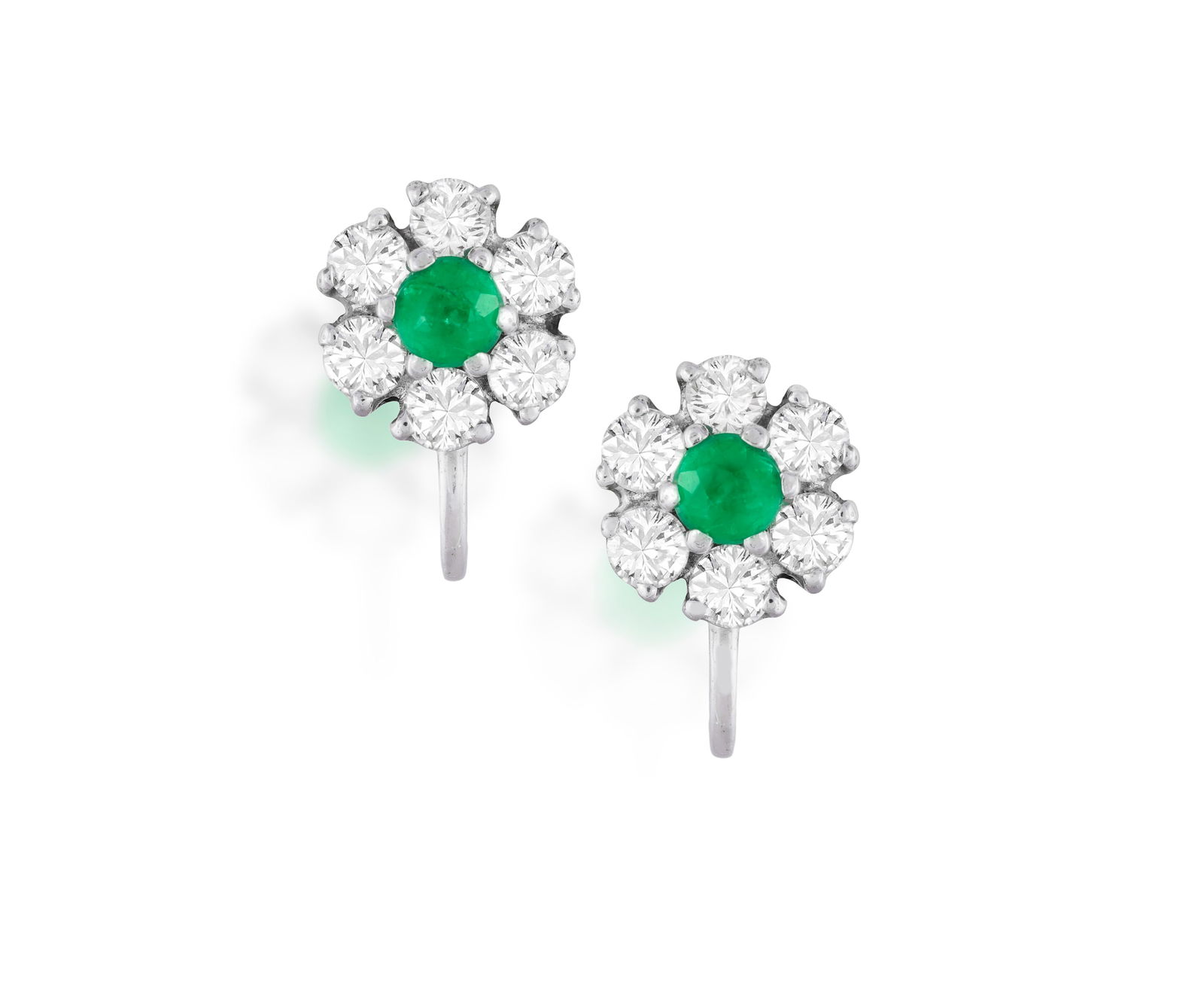 A PAIR OF EMERALD AND DIAMOND CLUSTER EARRINGS * two circular-cut emeralds * brilliant-cut diamonds (1 of 2)
