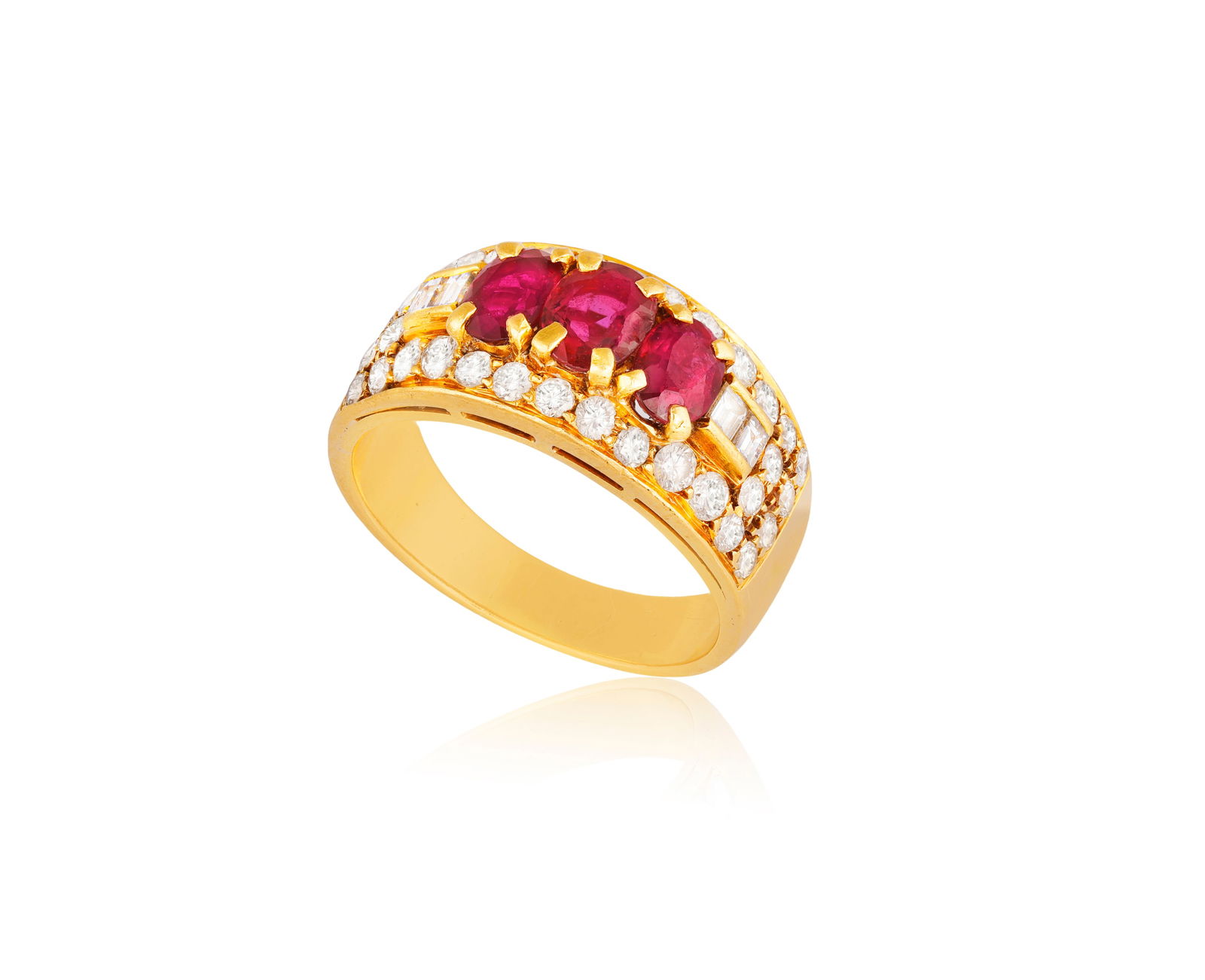 A RUBY AND DIAMOND DRESS RING * three oval-shaped rubies * brilliant and baguette-cut diamonds, (1 of 4)