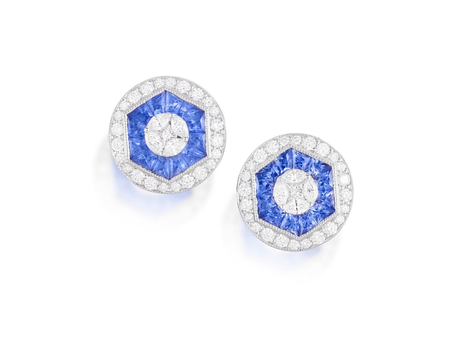 A PAIR OF SAPPHIRE AND DIAMOND EARRINGS * calibré-cut sapphires, approx. 1.90cts total *: A PAIR OF SAPPHIRE AND DIAMOND EARRINGS * calibré-cut sapphires, approx. 1.90cts total * brilliant, marquise and princess-cut diamonds, approx. 1.10cts total * mounted in 18K gold * French import