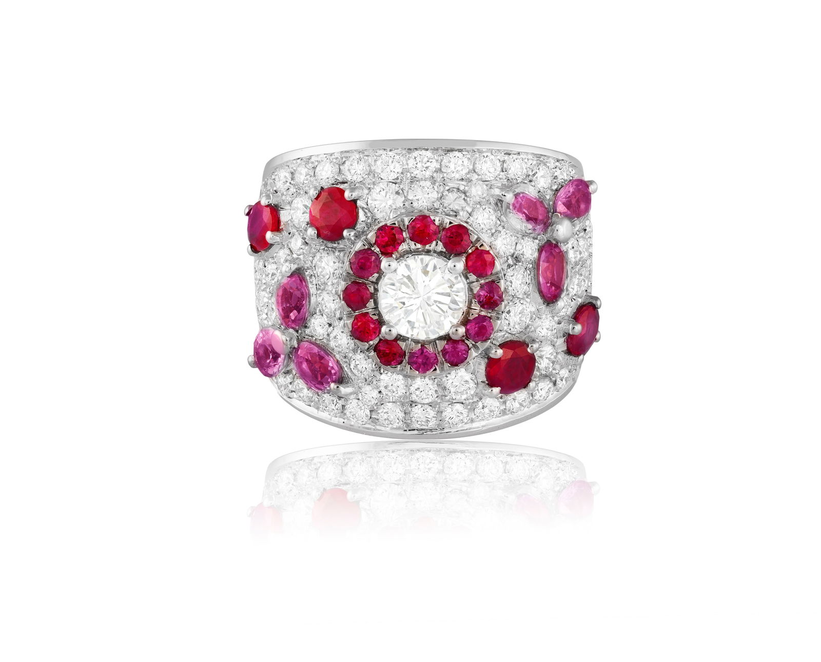 A RUBY, SAPPHIRE AND DIAMOND DRESS RING * oval and circular-cut rubies * oval-shaped pink sapphires (1 of 4)