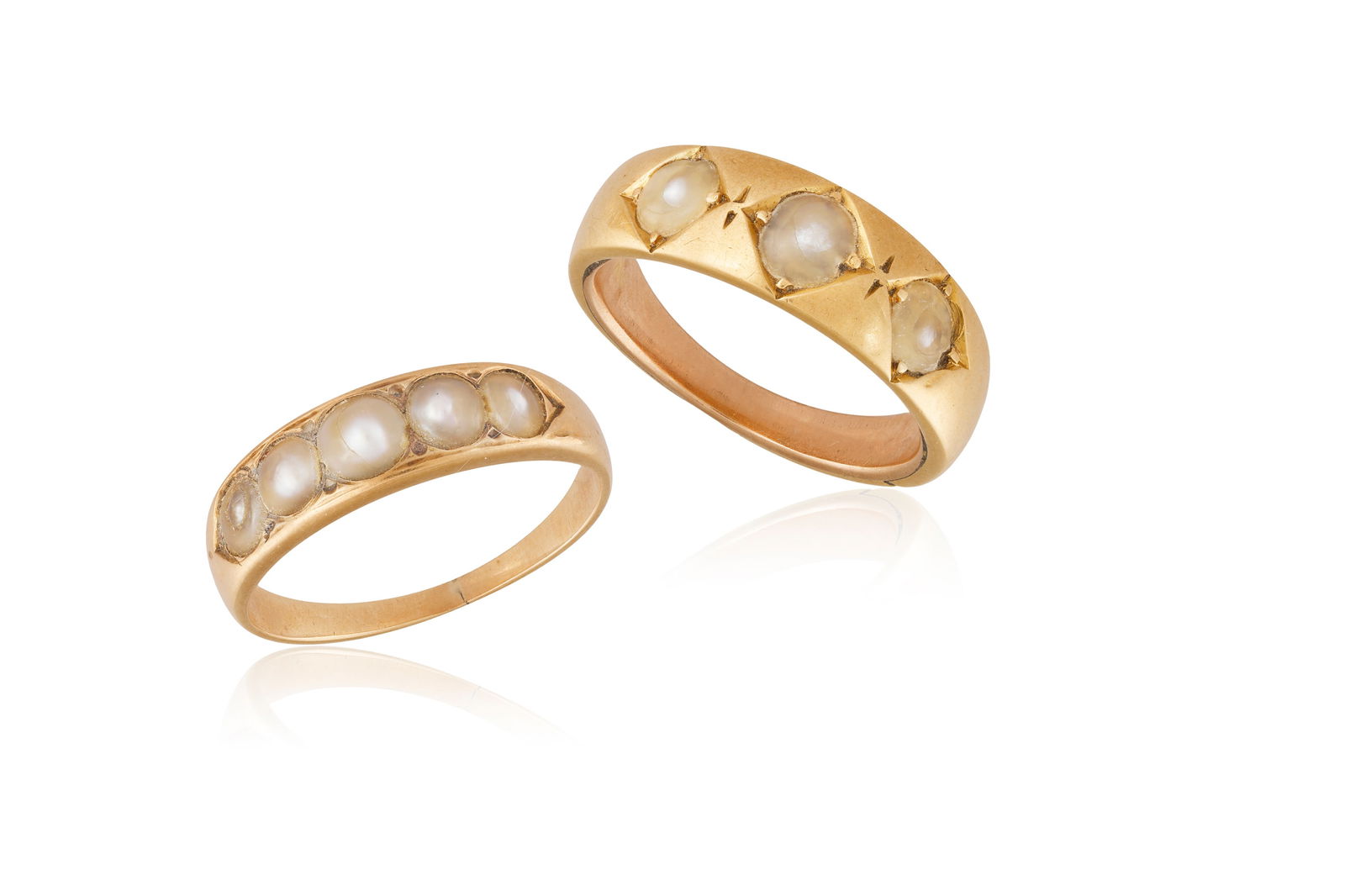 TWO SEED PEARL GOLD RINGS * seed pearls of grey tint * mounted in gold * ring size J and K * This (1 of 2)