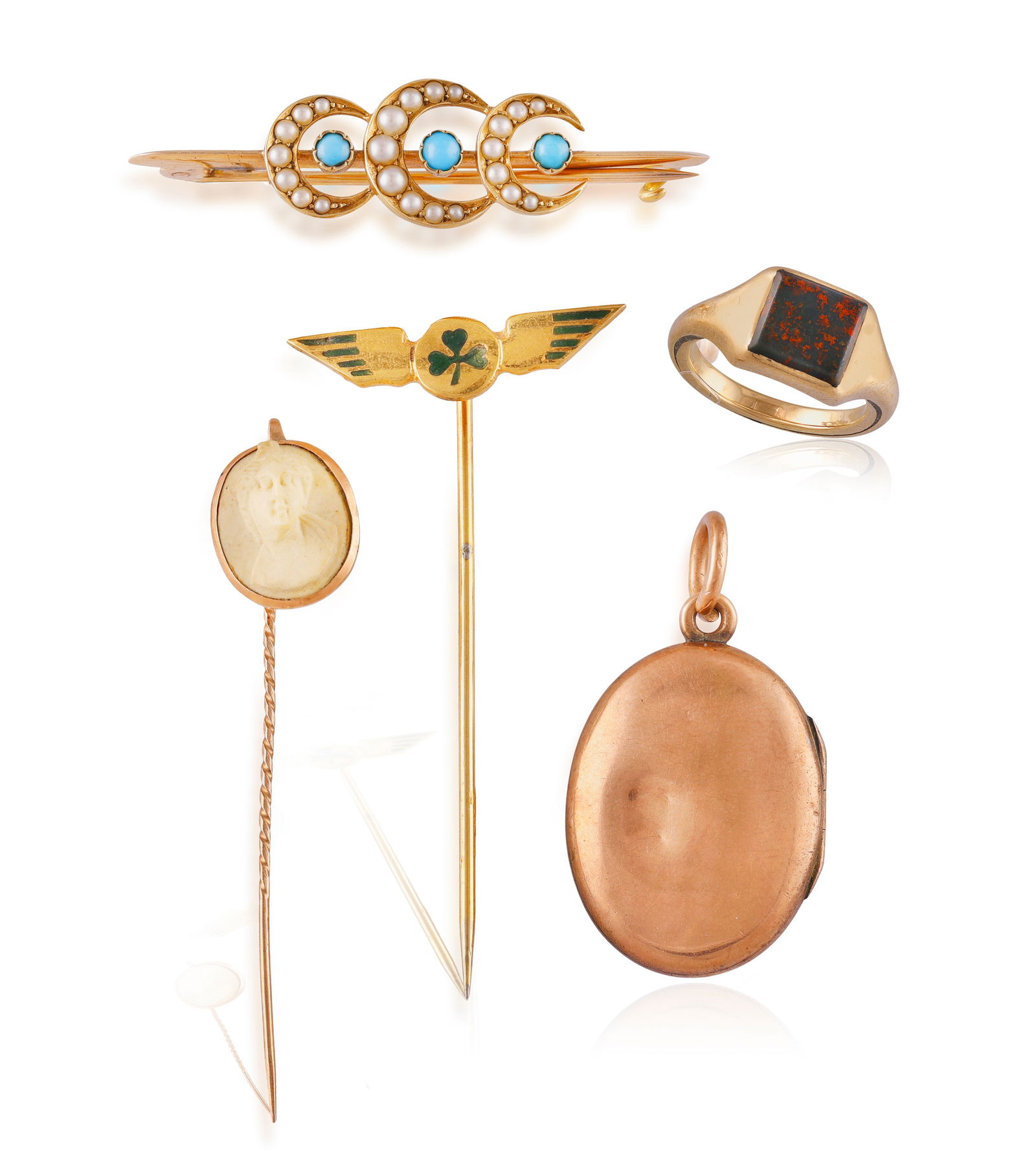 A GROUP OF JEWELLERY * a locket pendant * in 9K gold * length 3.5cm * a turquoise and seed pearl (1 of 4)