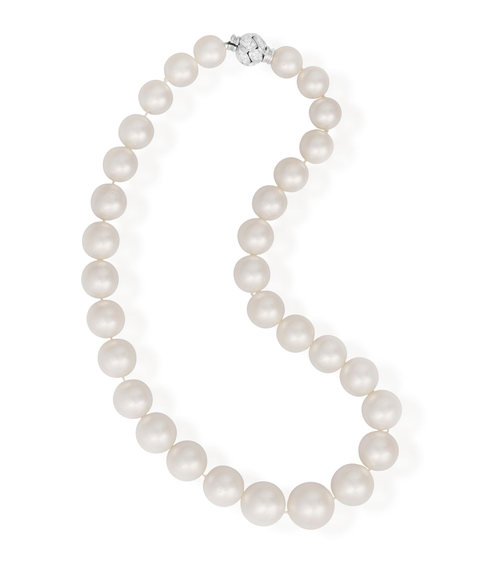 A CULTURED PEARL NECKLACE WITH DIAMOND CLASP * graduated South Sea cultured pearls of white tint,: A CULTURED PEARL NECKLACE WITH DIAMOND CLASP * graduated South Sea cultured pearls of white tint, measuring approx. 17.61mm to 12.04mm * brilliant-cut diamonds on clasp * clasp in 18K gold * length 47