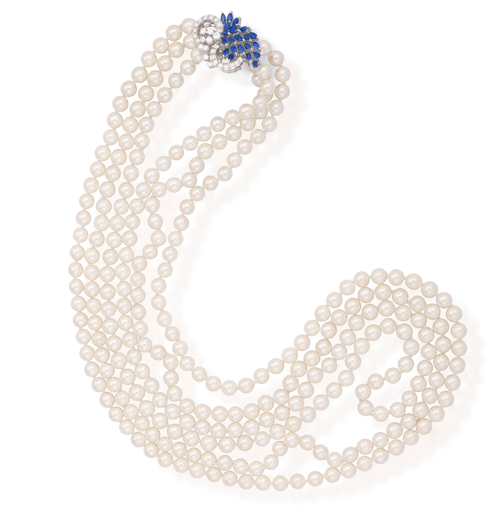 A CULTURED PEARL, SAPPHIRE AND DIAMOND LONG NECKLACE * three strands of cultured pearls of cream (1 of 3)