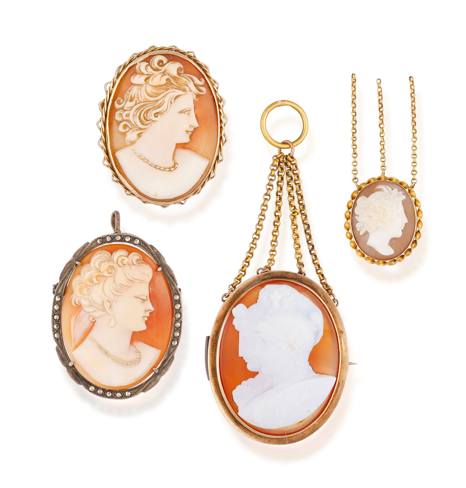 A GROUP OF CAMEOS * two pendant/brooches * one in sardonyx * length 8.3 * one in shell * length 5cm (1 of 3)