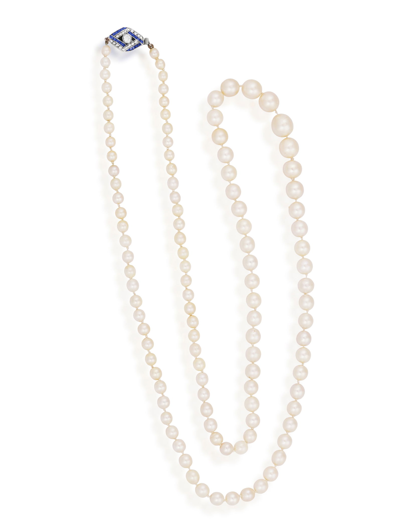 A CULTURED PEARL, SAPPHIRE AND DIAMOND NECKLACE * graduated cultured pearls of cream tint, measuring (1 of 5)