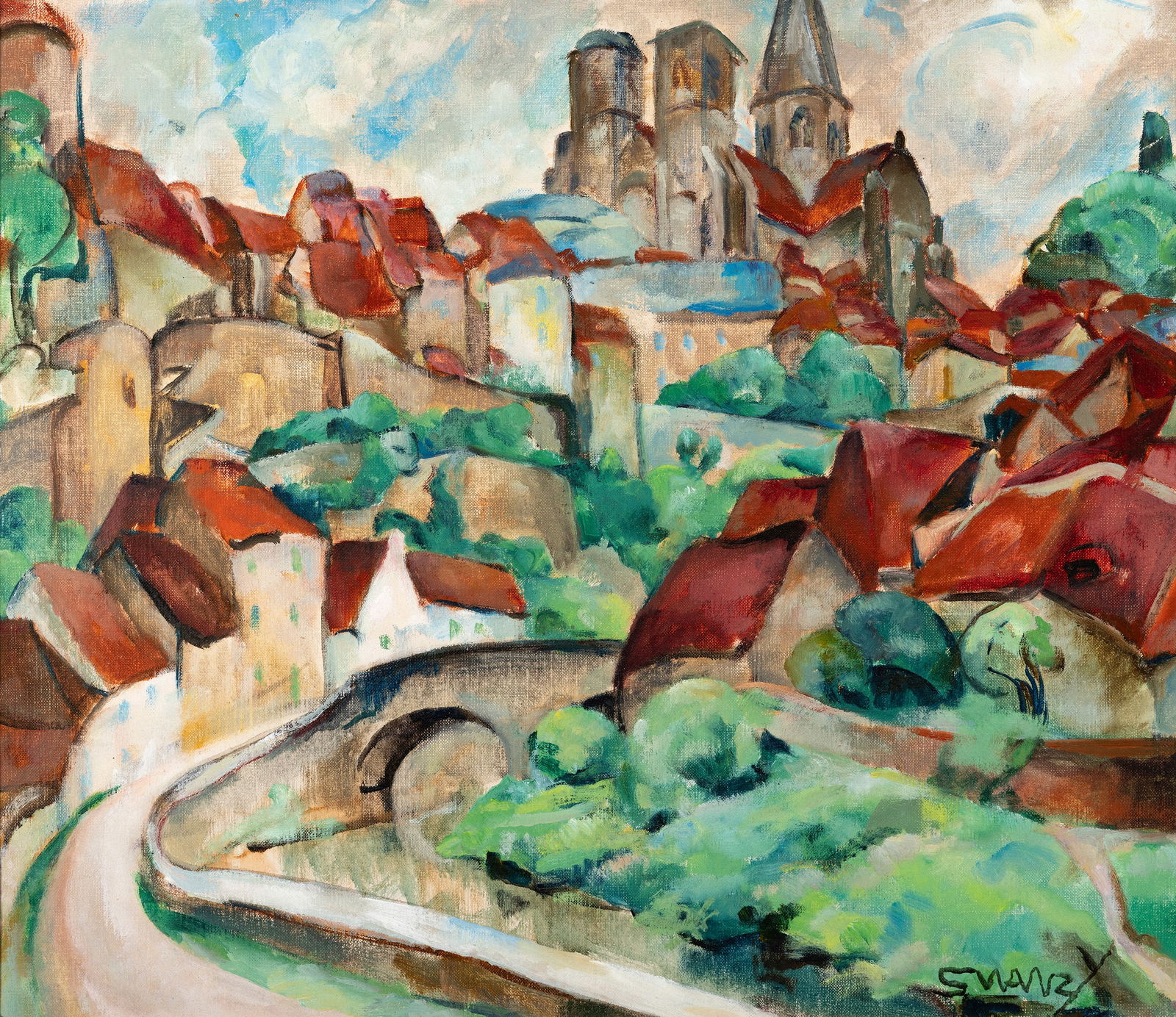Mary Swanzy HRHA (1882-1978) Cathedral, Semur Oil on canvas, 45 x 53.5cm (17¾ x 21'') Signed,: Mary Swanzy HRHA (1882-1978) Cathedral, Semur Oil on canvas, 45 x 53.5cm (17¾ x 21'') Signed, titled on aper verso Provenance: with Eakin Gallery, Belfast, label verso Semur-en-Auxois in the Bour