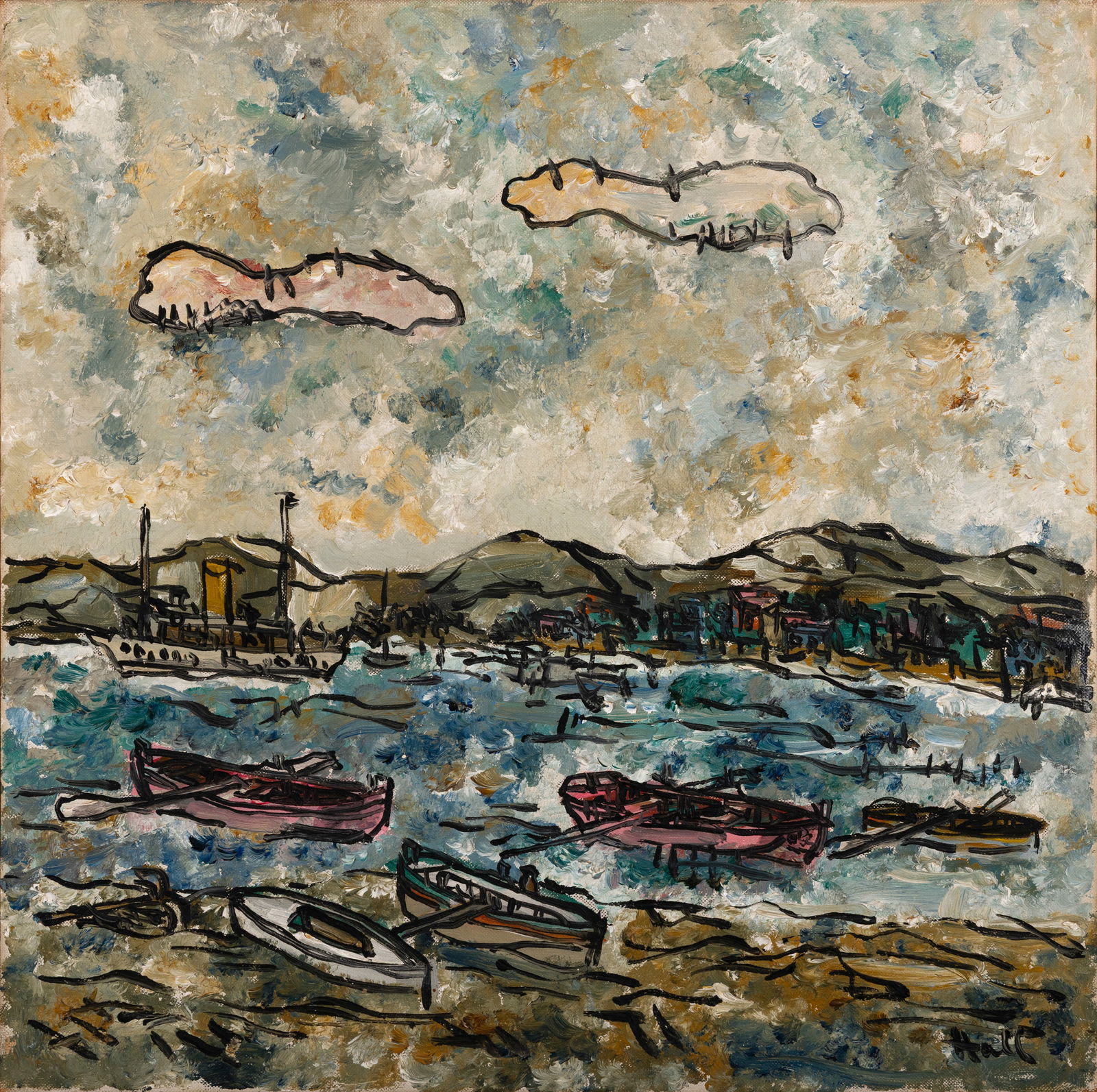 Kenneth Hall (1913-1946) Boats (1937) Oil on canvas, 40.5 x 40.5cm (16 x 16”) Signed: Kenneth Hall (1913-1946) Boats (1937) Oil on canvas, 40.5 x 40.5cm (16 x 16”) Signed Provenance: From the collection of Jacqueline Robinson Robinson was a dancer and friend of Mainie Jellett, wh