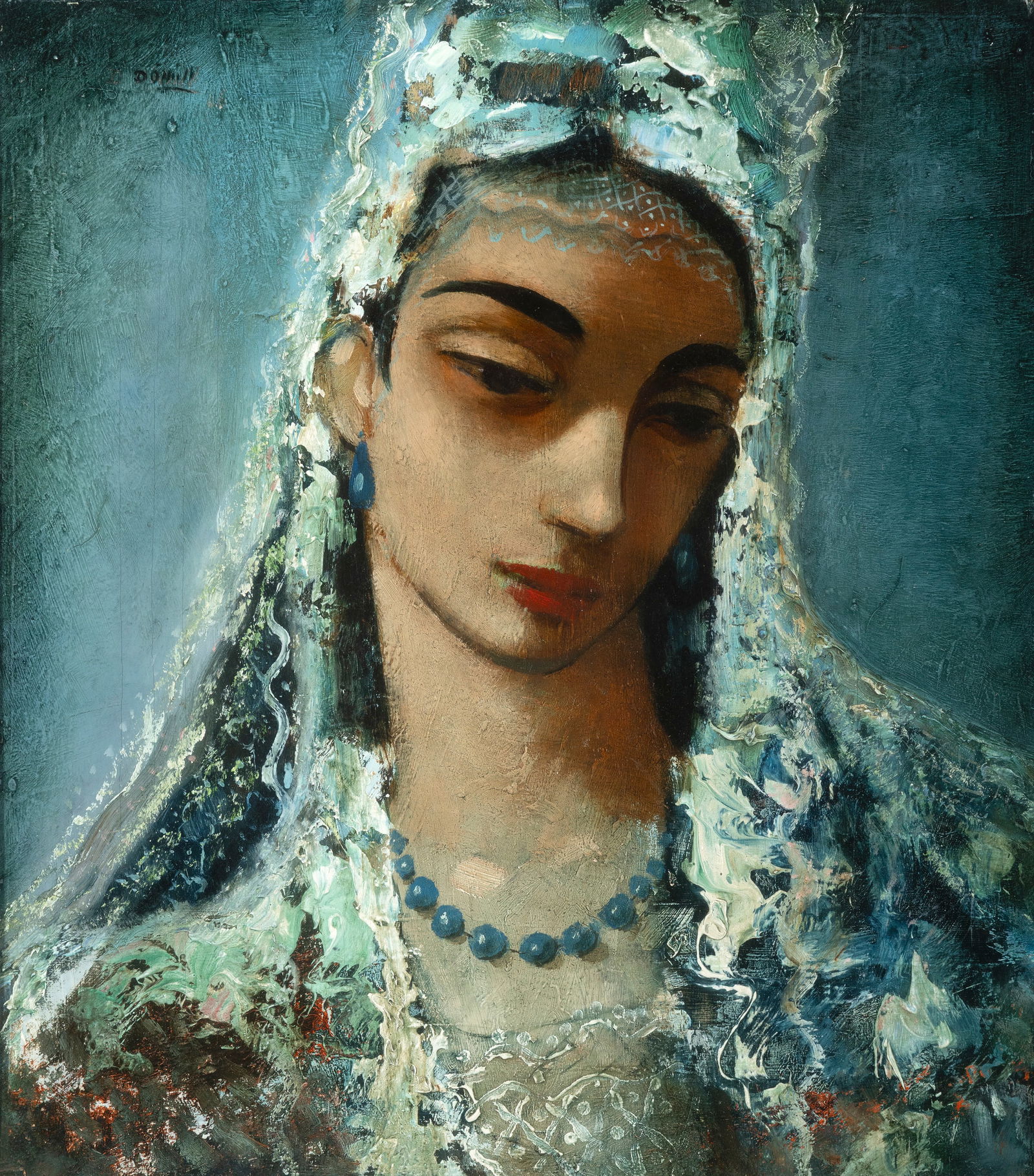 Daniel O'Neill (1920-1974) Lady Wearing a Lace Martilla Oil on board, 43.5 x 38cm (17'' x 15''): Daniel O'Neill (1920-1974) Lady Wearing a Lace Martilla Oil on board, 43.5 x 38cm (17'' x 15'') Signed Female portraiture is a common theme in Daniel O’Neill’s work, often depicting these