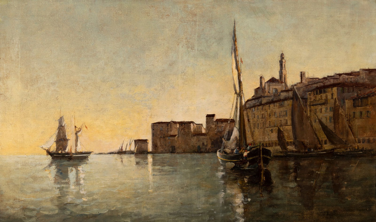 Nathaniel Hone RHA (1831-1917) A Mediterranean Coastal View Oil on canvas, 60 x 100.5cm (23¾: Nathaniel Hone RHA (1831-1917) A Mediterranean Coastal View Oil on canvas, 60 x 100.5cm (23¾ x 39½) Provenance: Private collection, Ireland. Given by the artist to a member of the Jameson fa