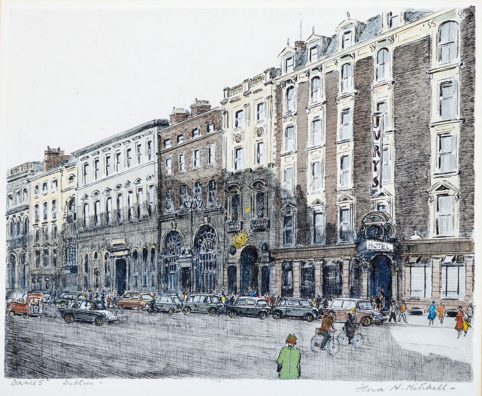 Flora H. Mitchell (1890-1973) Dame Street, Dublin Pen & ink with watercolour, 24cm x 29cm (9½: Flora H. Mitchell (1890-1973) Dame Street, Dublin Pen & ink with watercolour, 24cm x 29cm (9½ x 11½'') Signed and inscribed