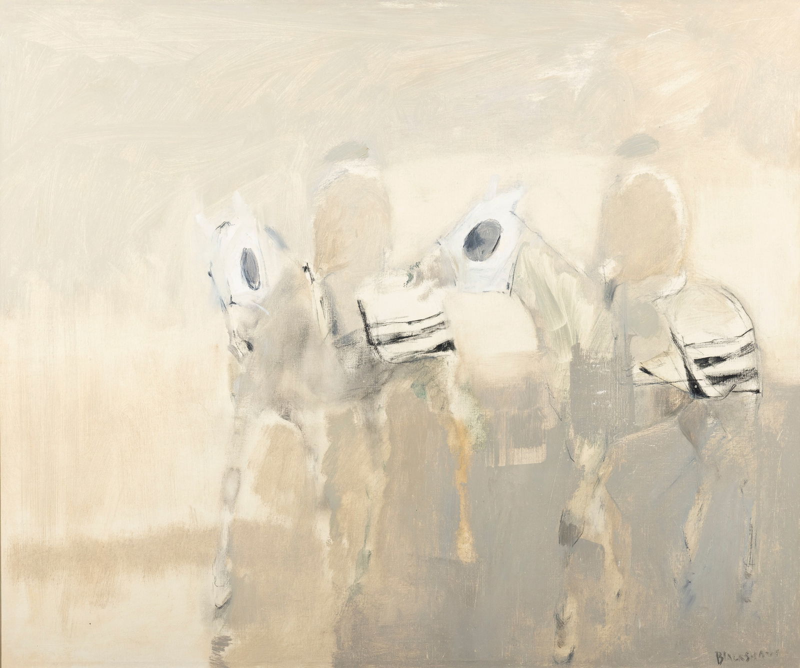 Basil Blackshaw (1932-2016) Two Horses Exercising (c.1973) Oil on canvas, 51 x 61cm (20 x 24''): Basil Blackshaw (1932-2016) Two Horses Exercising (c.1973) Oil on canvas, 51 x 61cm (20 x 24'') Signed Literature: Brian Ferran, 'Basil Blackshaw - Painter', illus. p.36, plate 23 In Two Horses Exerci
