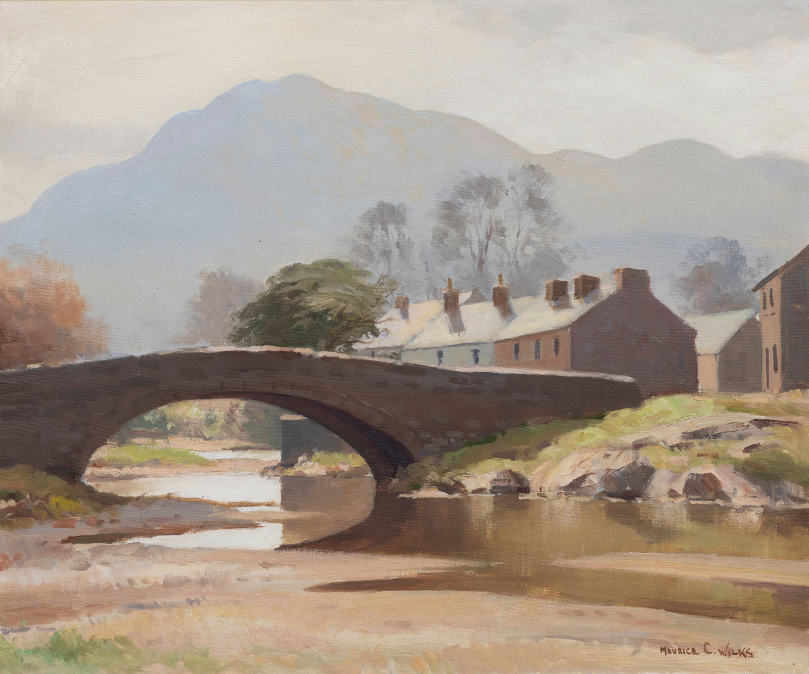 Maurice Canning Wilks, RUA ARHA (1910-1984) River Landscape with Arched Bridge and Mountains Oil (1 of 4)