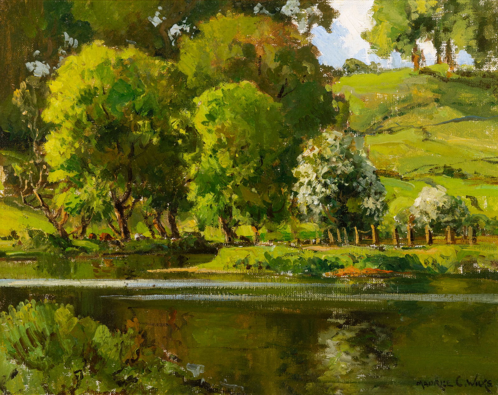 Maurice C. Wilks ARHA RUA (1910-1984) Summer Morn, River Lagan Oil on canvas, 40 x 50cm (15¾ x: Maurice C. Wilks ARHA RUA (1910-1984) Summer Morn, River Lagan Oil on canvas, 40 x 50cm (15¾ x 19¾'') Signed; also inscribed with title verso