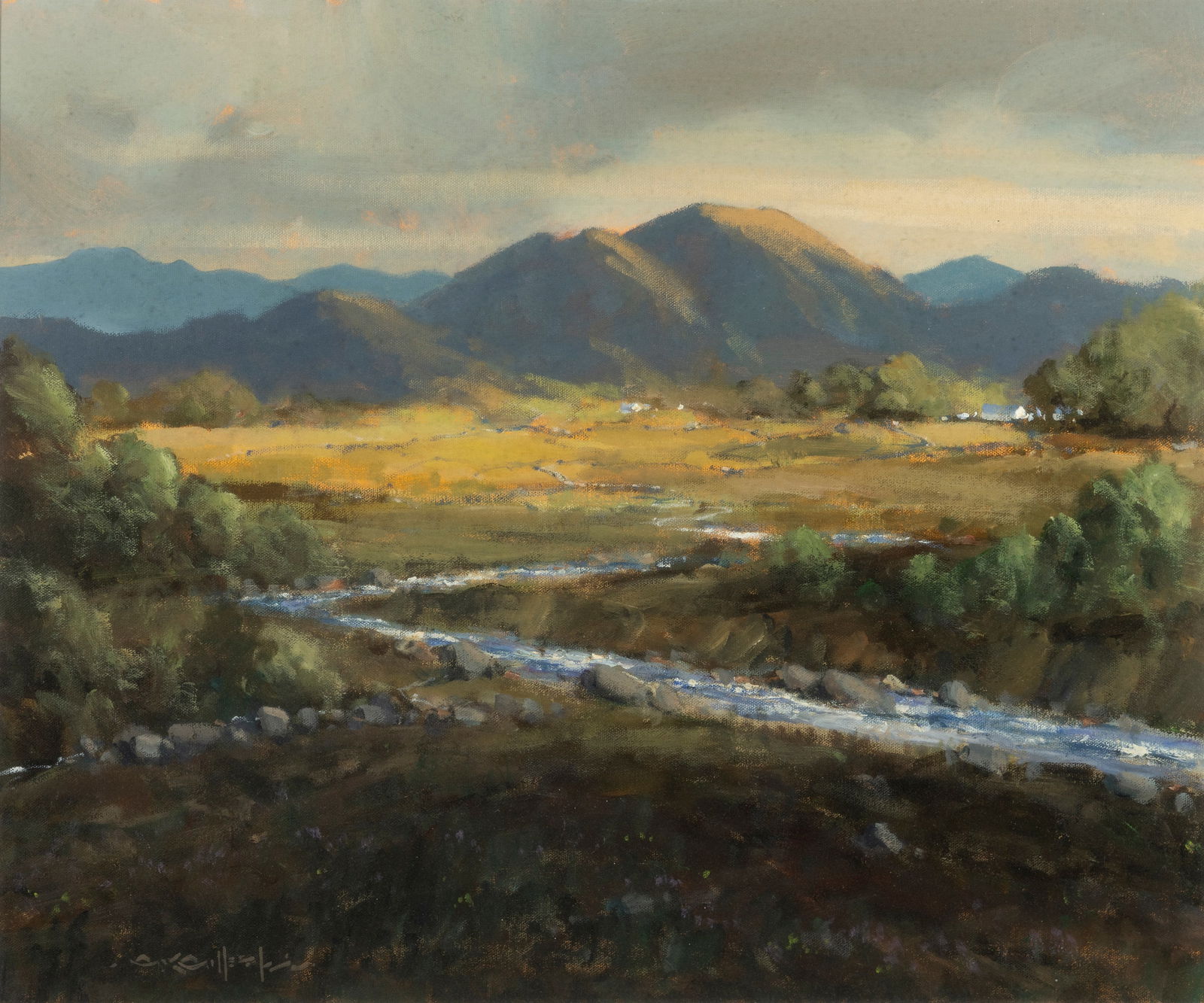 George Gillespie RUA (1924-1995) River Finn Valley, Near Liscooley, Co. Donegal Oil on canvas, 51: George Gillespie RUA (1924-1995) River Finn Valley, Near Liscooley, Co. Donegal Oil on canvas, 51 x 61cm (20 x 24'') Signed, inscribed with title on artist's label verso