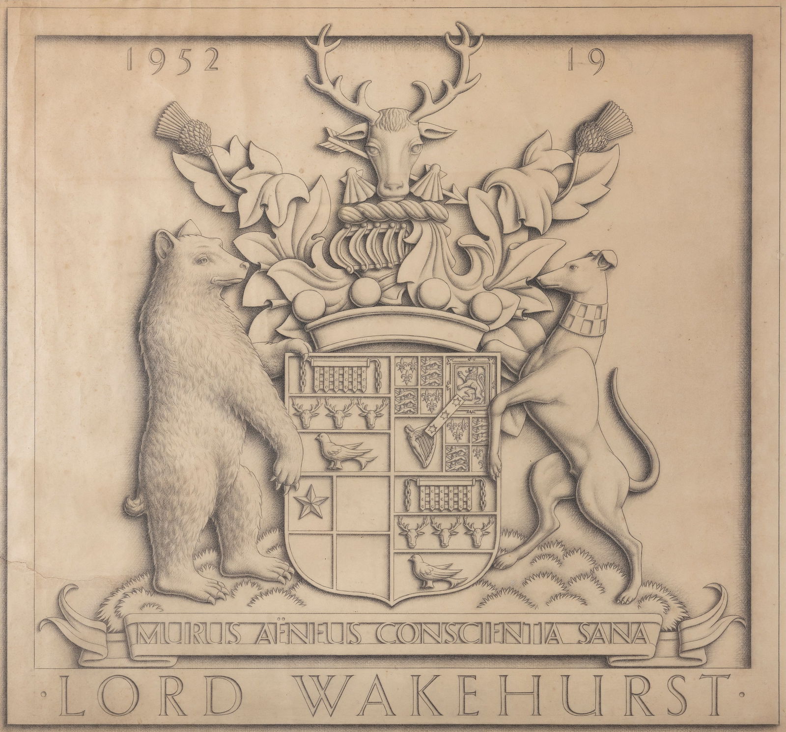 John Luke RUA (1906-1975) Study for the Coat of Arms of Lord Wakehurst at Hillsborough Castle: John Luke RUA (1906-1975) Study for the Coat of Arms of Lord Wakehurst at Hillsborough Castle Pencil, 68 x 72.5cm (26¾ x 28½'') Provenance: The Artist's Estate; Private Collection, Northern