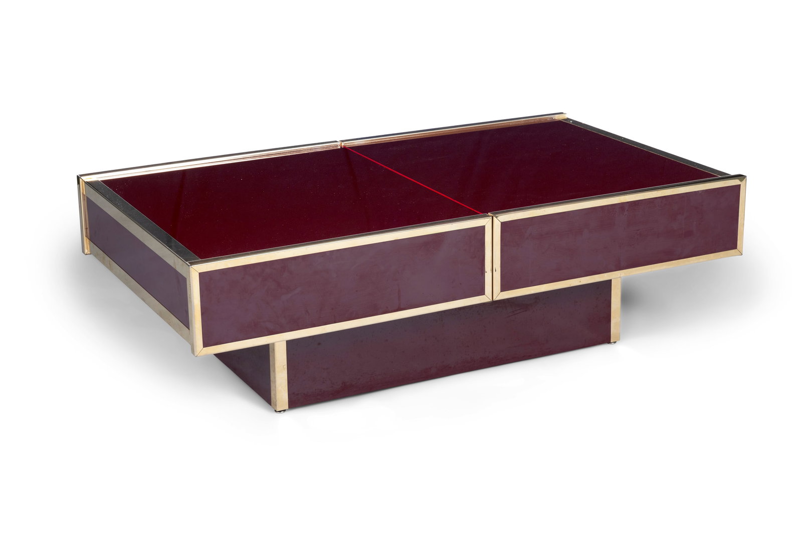 COFFEE TABLE A sliding coffee table in gilt metal and coloured glass in the style of Willy Rizzo.: COFFEE TABLE A sliding coffee table in gilt metal and coloured glass in the style of Willy Rizzo. 122 x 70 x 38cm(h)