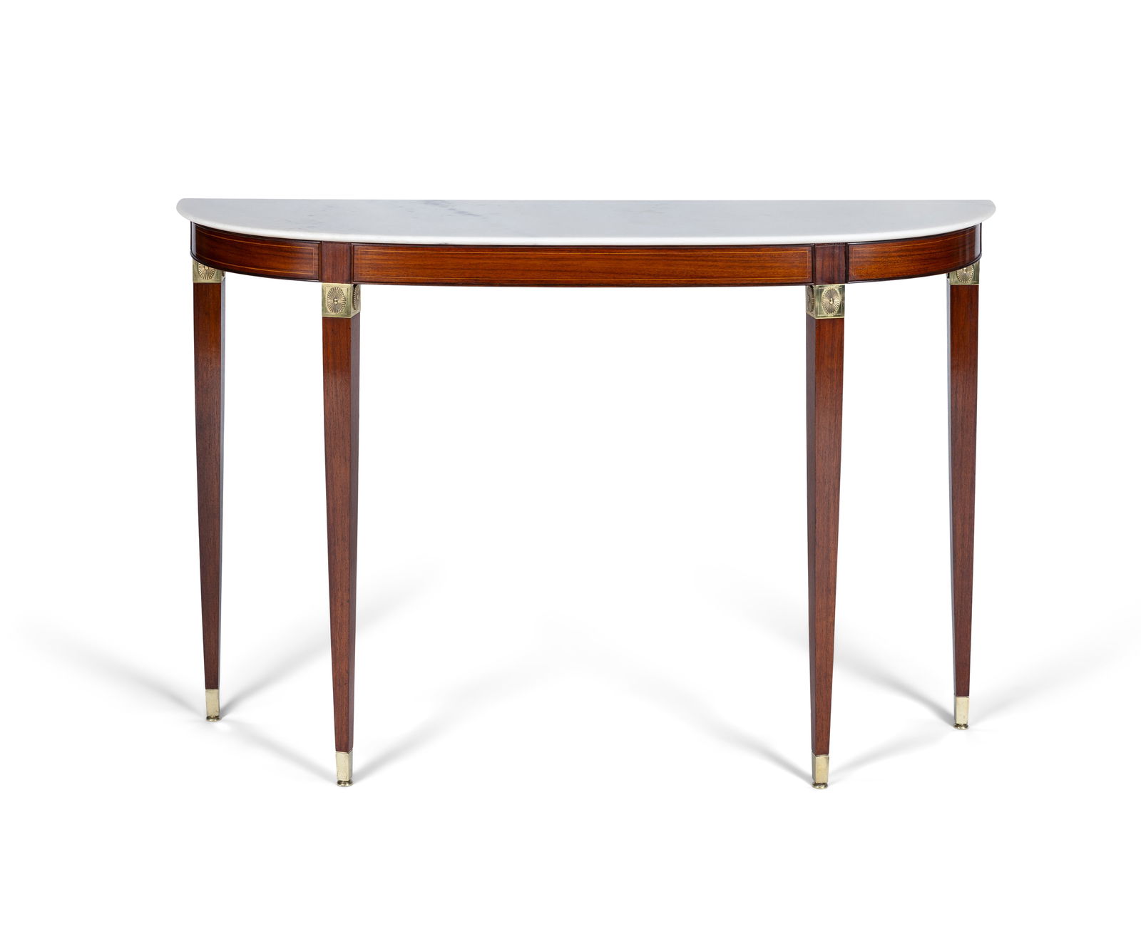 CONSOLE TABLE A rosewood demi-lune console table with marble top and brass detailing. Italy. 131 x: CONSOLE TABLE A rosewood demi-lune console table with marble top and brass detailing. Italy. 131 x 35 x 90cm(h)